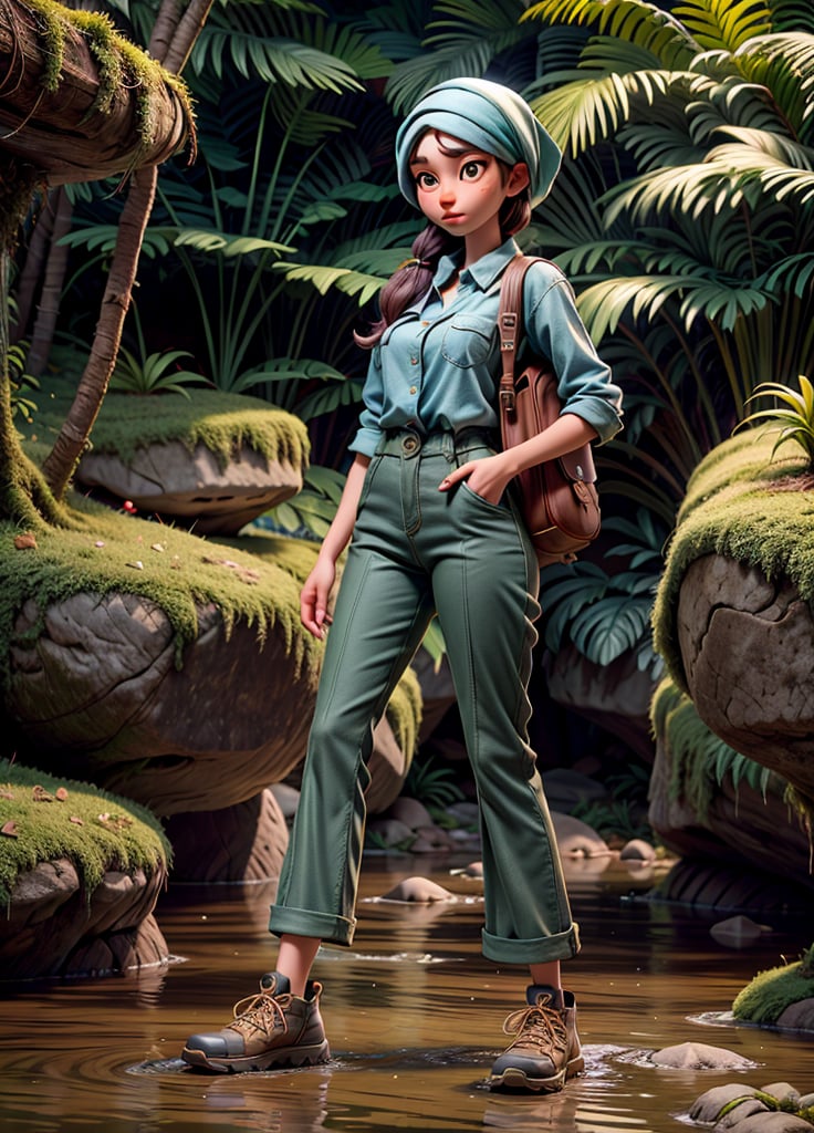 adult women, 1girl, jungle tracking, bag, mossy jungle, jungle tracking clothing, long pant, tuck in shirt, hijab with hat, river with rock, 3DMM, high_resolution, perfectface,