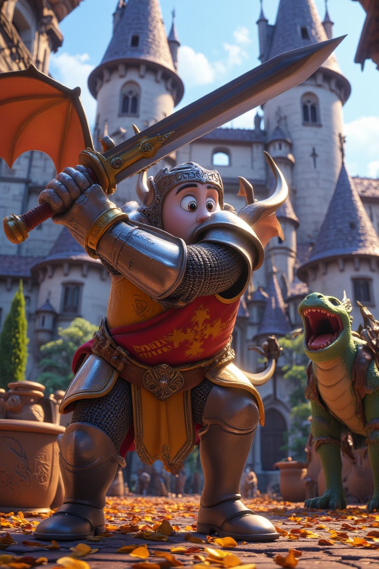 Design a clumsy knight in shiny armor trying to wield a huge sword that’s clearly too big for them. They’ve just tripped over their own feet, and the sword is about to hit the ground. The epic fantasy background features a towering castle and a dragon in the distance, laughing at the knight’s misfortune.