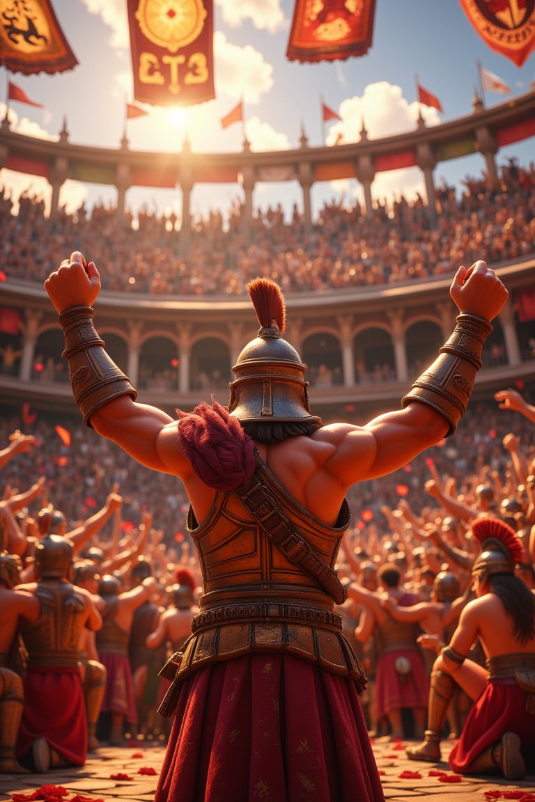 A victorious gladiator stands triumphant in a sun-drenched Roman arena, arms raised in triumph as the frenzied crowd erupts into cheers and applause. Vibrant banners fluttering above, bearing emblems of ancient gods and heroes. The gladiator's muscles ripple beneath his weathered armor, illuminated by warm light filtering through the arena's retractable roof, casting a heroic glow.