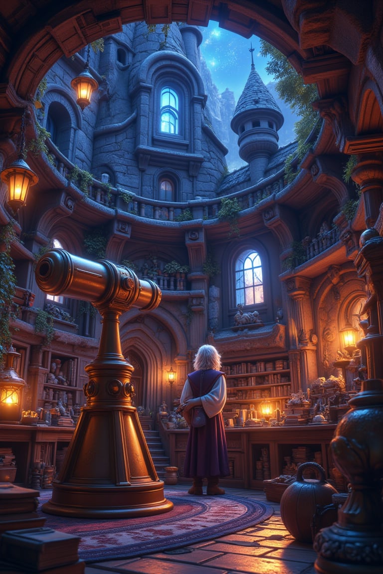 A lone hermit wizard stands at the edge of his circular observatory, surrounded by dusty tomes and peculiar contraptions. He gazes up through the large brass telescope's eyepiece, mesmerized by the celestial canvas above. The warm glow of lanterns illuminates the room, casting long shadows across ancient stone walls. Starlight pours in through the open roof, a soft blue hue mingling with the wizard's wispy beard as he contemplates the secrets of the universe.