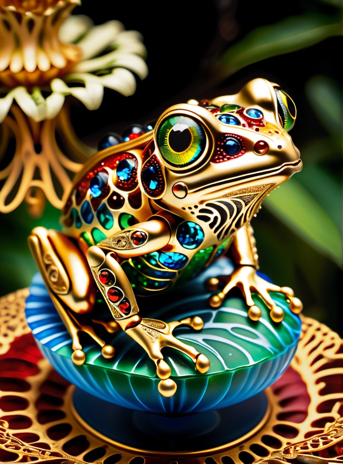 (living:1.2) frog made of gold filigree, green gems, blue gems, red gems, and white paper, sitting on a patterned gold pedestal, epic, cinematic, bokeh, raw photo, microscopic, origami, elaborate detail, film grain, Iphone X, 35mm, psychedelic colors, dramatic lighting, glowing, professional photograph
highly detailed, wide-angle lens, hyper realistic, with dramatic polarizing filter, vivid colors, sharp focus, HDR, UHD, 64K, 16mm, color graded portra 400 film, remarkable color, ultra realistic, detailed pupils; insect, (tiger:0.5),The Guyver, Kentaro Miura, parasyte