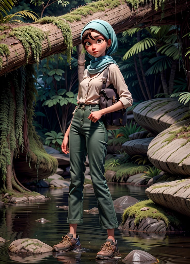 adult women, 1girl, jungle tracking, bag, mossy jungle, jungle tracking clothing, long pant, tuck in shirt, long hijab, river with rock, 3DMM, high_resolution, perfectface,