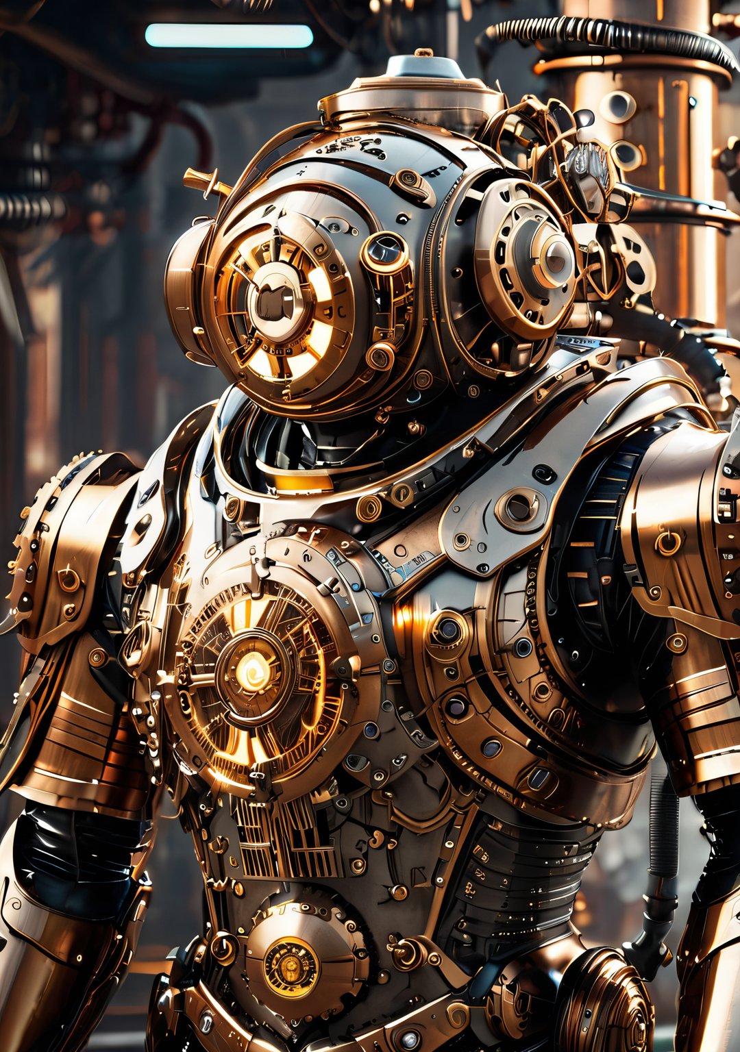 masterpiece, best quality, a Hi-Tech steampunk style, Hi-Tech steampunk suit, Custom Hi-Tech steampunk suit design, shining body, glowing bronze, full body look, full shining Hi-Tech steampunk suit body, hues, steampunk style, perfect custom Hi-Tech steampunk suit, Movie Still, steampunk, intricate mech details, ground level shot, 8K resolution, Cinema 4D, Behance HD, polished metal, shiny, Unreal Engine 5, rendered in Blender, sci-fi, futuristic, trending on Artstation, epic, cinematic background, dramatic, atmospheric, action_pose, cinematic scene,cyborg style