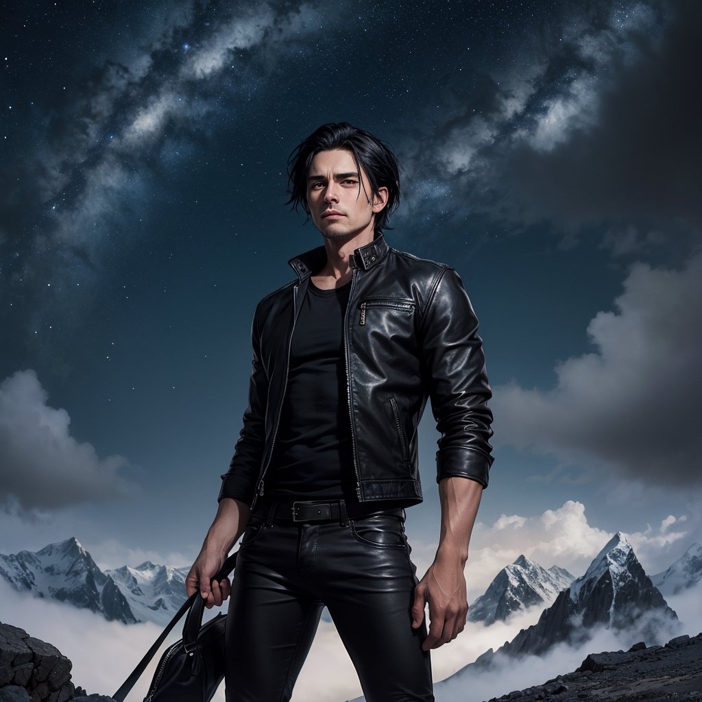 (masterpiece, best quality: 1.4), guy with black hair, 40 years old, Tousled Wolf-Cut hair style, muscle man, bow down face standing on top of mountain, looking far away, unforgiven face, fantasy art, black leather jacket, black shirt, leather pant, male metal rocker picture, eren yeager, detailed anime character art, dark, night_sky, midnight, unforgiven vibe,