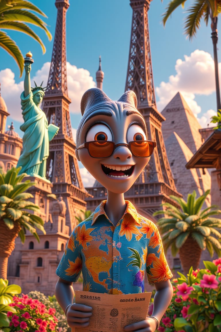 Illustrate a funny 3D cartoon of an alien who’s clearly on vacation. The alien, in a Hawaiian shirt and sunglasses, is holding a map upside down while standing in front of Earth’s most famous landmarks—Eiffel Tower, Statue of Liberty, and Pyramids. It’s an epic masterpiece, with bright colors, detailed landmarks, and exaggerated features of the alien.