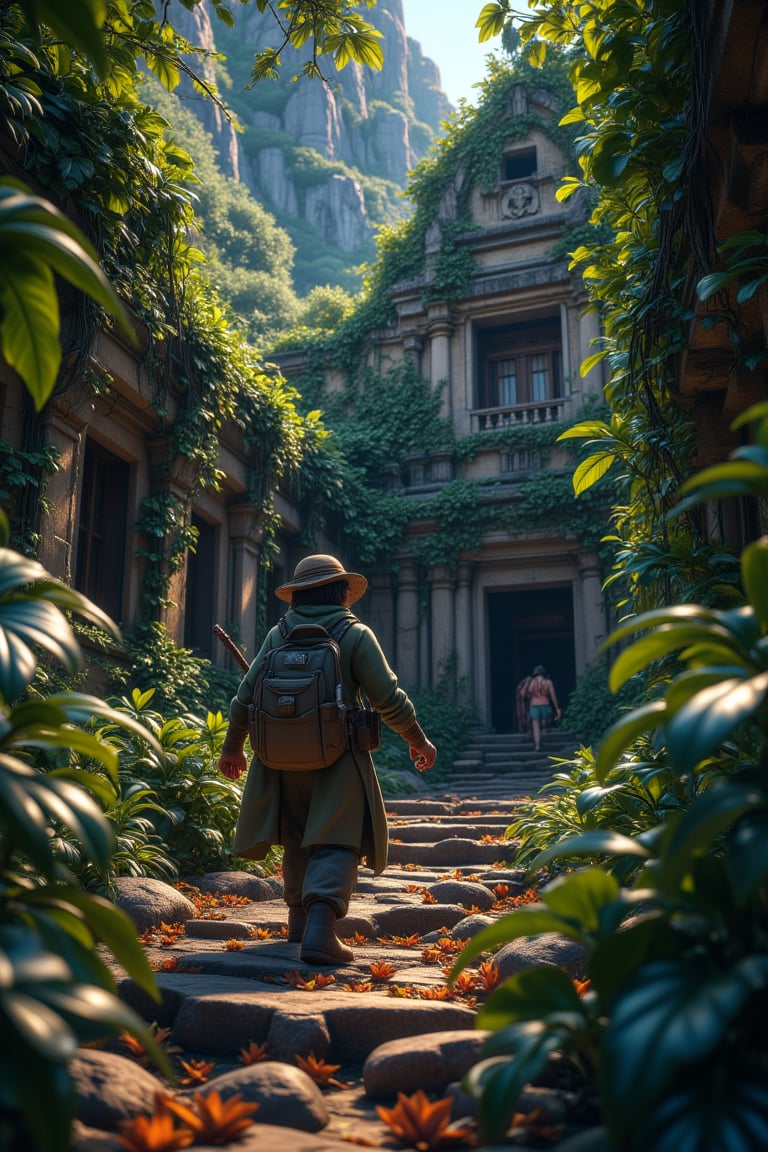 A lone explorer, shrouded in misty drapery, steps into the frame, their eyes wide with wonder as they push aside the tangled vines to reveal the ancient temple's crumbling facade. Soft, diffused light filters through the dense foliage, casting dappled shadows on the worn stone walls. The air is heavy with humidity and secrets, as the explorer's outstretched hand touches the weathered entrance, hesitating before stepping into the mysterious depths within.