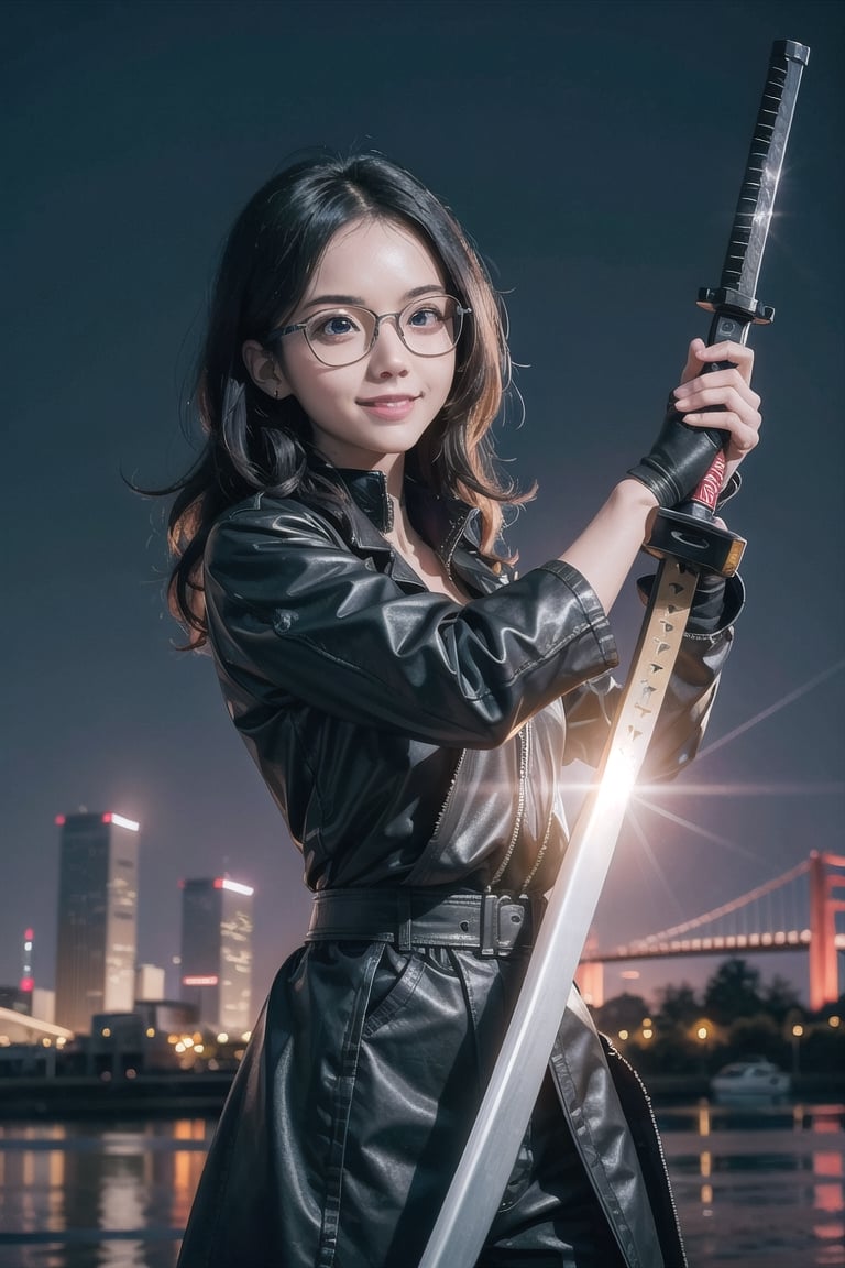 (masterpiece), (science fiction:1.4), city, night, 1girl, smile, glasses, medium hair, black hair, wavy hair, holding_weapon, holding_katana, action_pose, movie still,