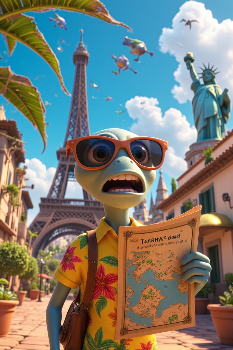 Illustrate a funny 3D cartoon of an alien who’s clearly on vacation. The alien, in a Hawaiian shirt and sunglasses, is holding a map upside down while standing in front of Earth’s most famous landmarks—Eiffel Tower, Statue of Liberty, and Pyramids. It’s an epic masterpiece, with bright colors, detailed landmarks, and exaggerated features of the alien.