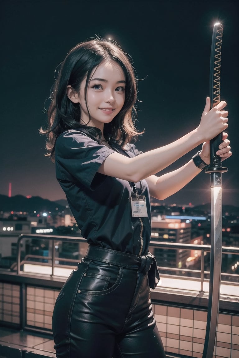 (masterpiece), (science fiction:1.4), city, night, 1girl, smile, medium hair, black hair, wavy hair, holding_weapon, holding_katana, action_pose, movie still,