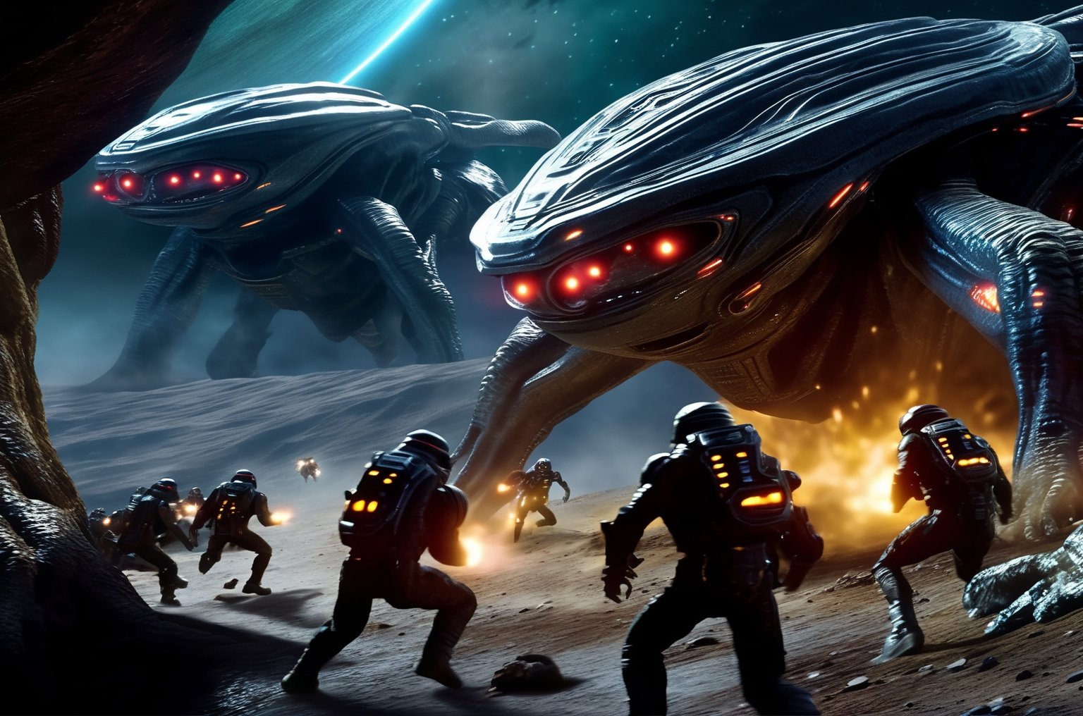 masterpiece, hyper realistic, cinematic scene, race against a band of evil mercenaries, to reach a legendary lost freighter called the Deepstar, Along their trek through the universe, they encounter (monsters), (aliens), (robots) and something even worse., action_pose, movie still, detailed_background,