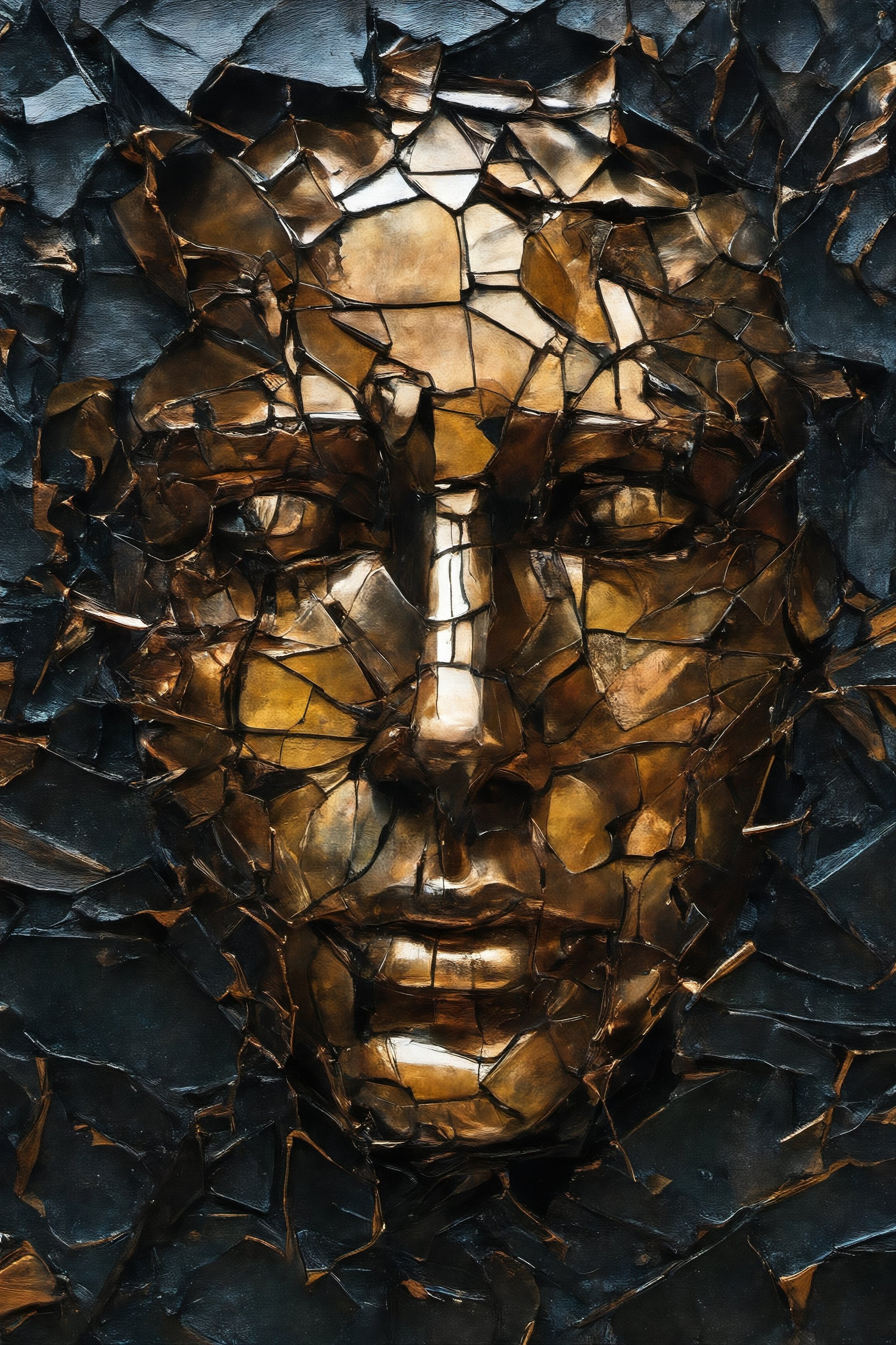 a close up of a painting of a man´s face with a broken face, cracked bronze face, fragmented, abstract portrait, nicolas delort, surreal dark art, stefan gesell, shattered, dark portrait of depression, avoidant personality disorder and schizoid disorder, inspired by Igor Morski, shattered abstractions, broken mirror, broken mirrors composition, shattered wall, 4 k symmetrical portrait, glass face, Detailedface, Detailedeyes,b3rli