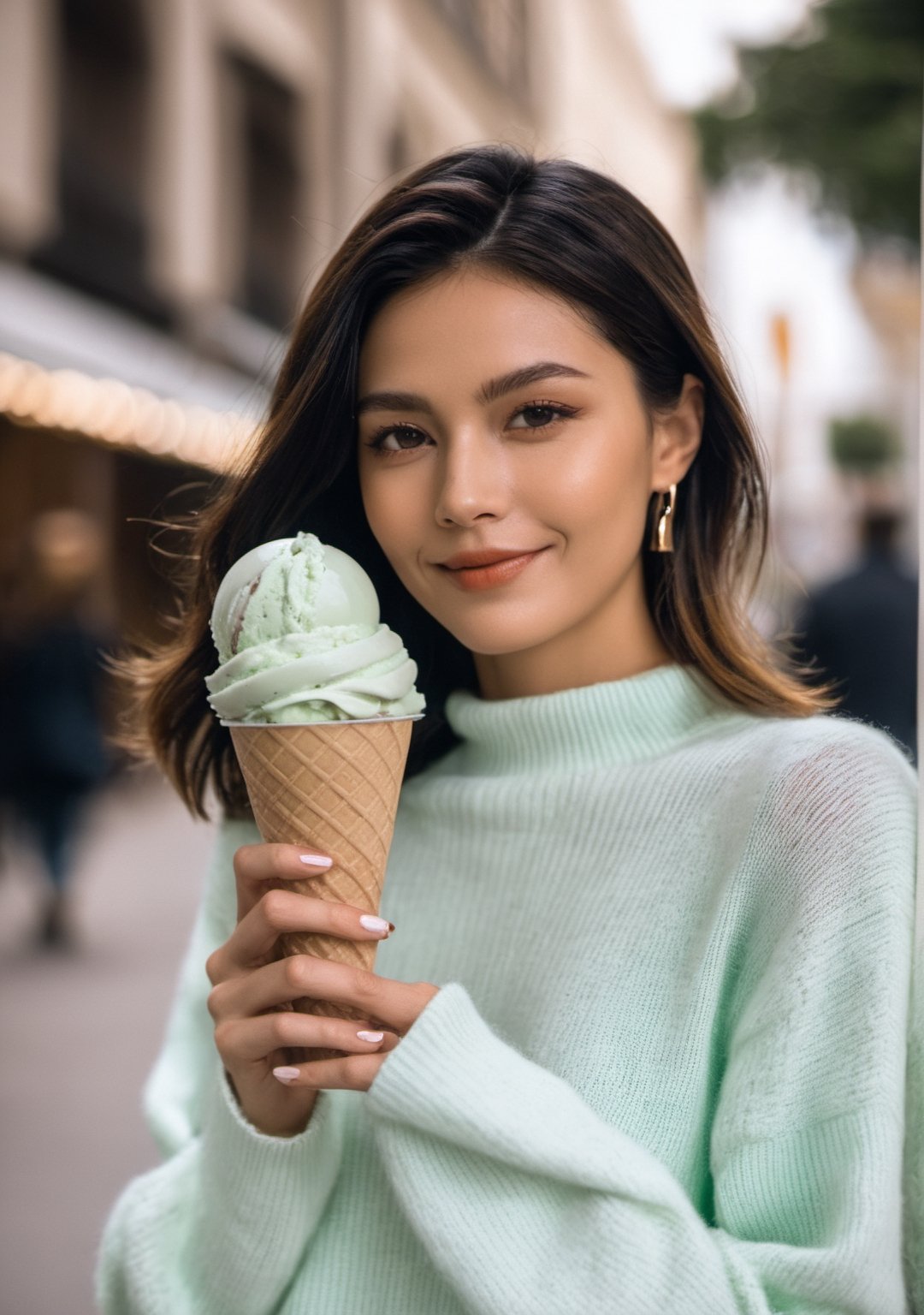 advertisement photo, a woman with short hair and ((a white sweater)), white sweater:1.3,
BREAK
, holding a (mint ice cream) in her hand and looking at the camera, a big smile, it is fucking delicious