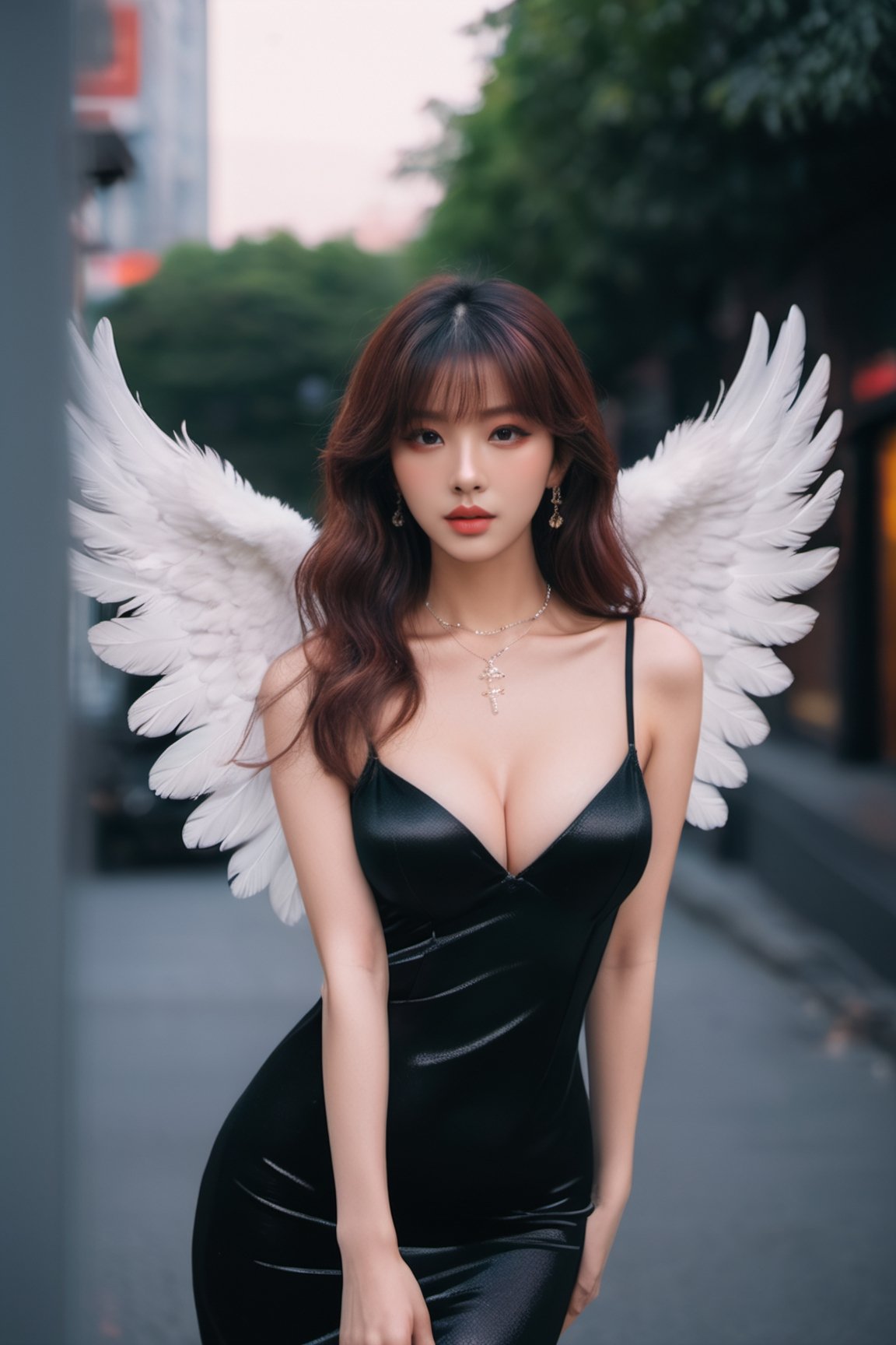 ((zoom out, full body shot)), woman in a sexy black dress posing for a picture, (huge boobs, perfect boobs, sexy body, visible belly button), perfect body, uwu the prismatic person, kpop style colors, shot at night with studio lights, neck chocker, wine hair with bangs1:1, album artwork, plastic doll, lisa, lolita, glamorous angel woman,aesthetic portrait