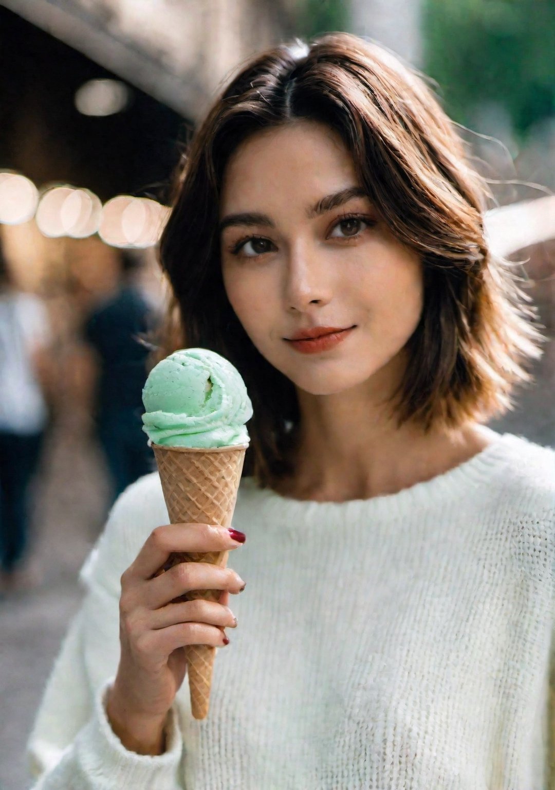 advertisement photo, a woman with short hair and ((a white sweater)), white sweater:1.3,
BREAK
, holding a (mint ice cream) in her hand and looking at the camera, a big smile, it is fucking delicious