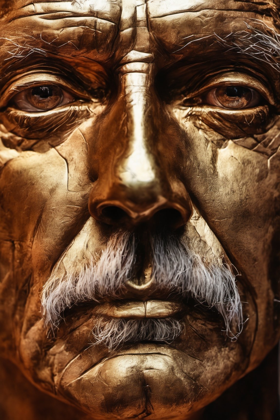 a picture of a man's face, sleek and smooth bronze face, smooth bronze texture abstract portrait, nicolas delort, roman art, stefan gesell, portrait of wisdom, inspired by Igor Morski, bronze texture:1.1, 4k symmetrical portrait, old man's face, Detailedface, Detailedeyes, b3rli