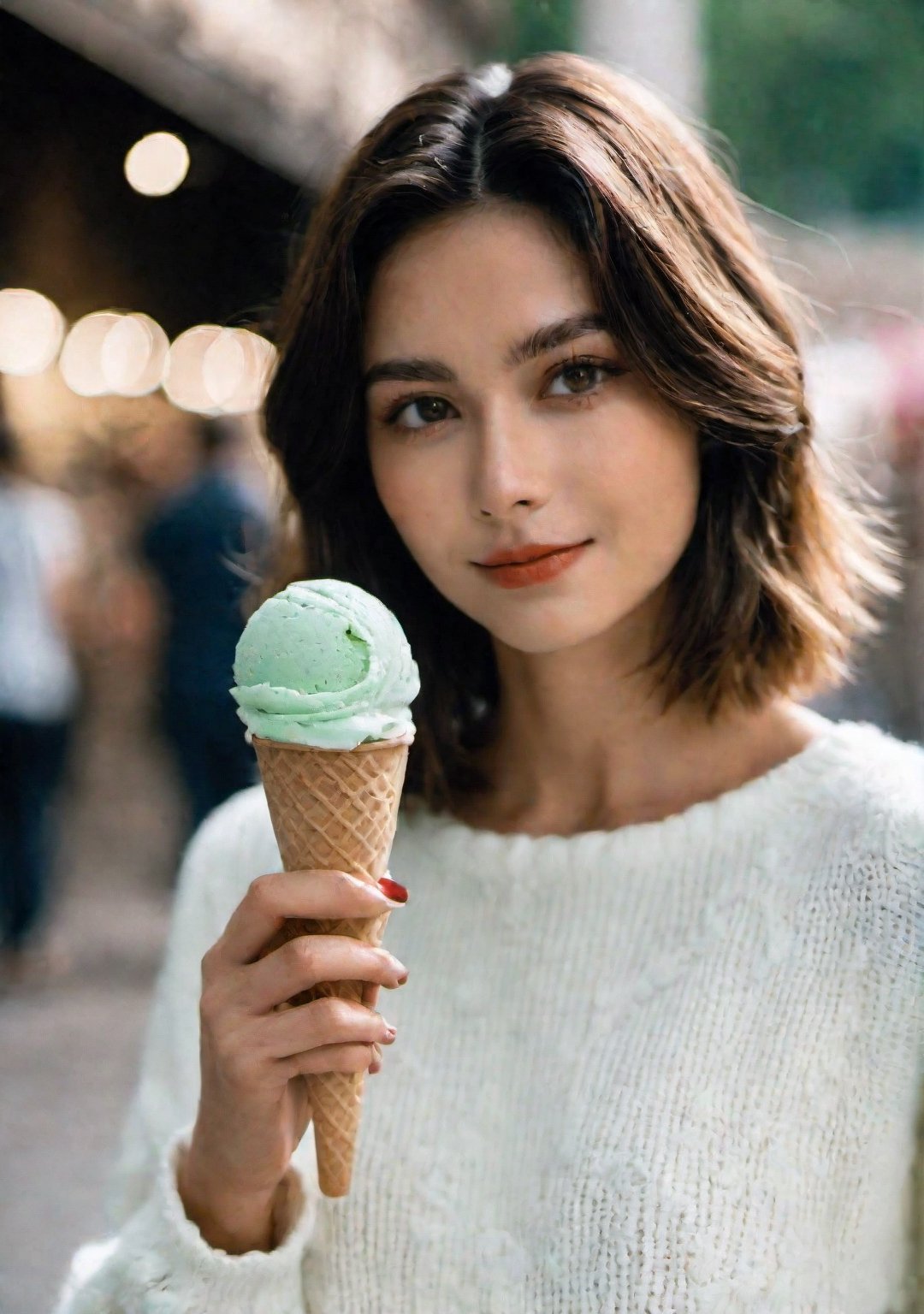 advertisement photo, a woman with short hair and ((a white sweater)), white sweater:1.3,
BREAK
, holding a (mint ice cream) in her hand and looking at the camera, a big smile, it is fucking delicious