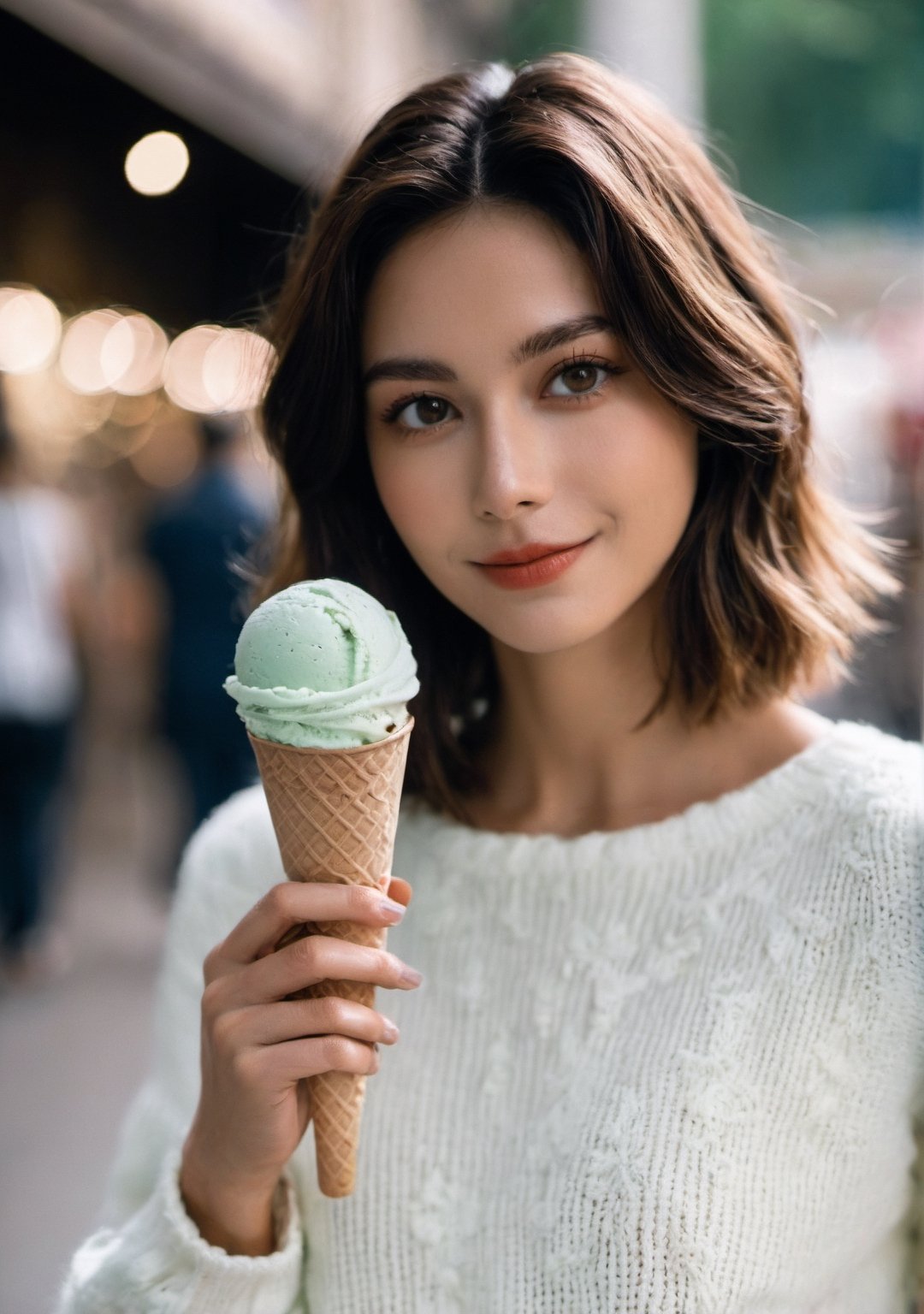 advertisement photo, a woman with short hair and ((a white sweater)), white sweater:1.3,
BREAK
, holding a (mint ice cream) in her hand and looking at the camera, a big smile, it is fucking delicious