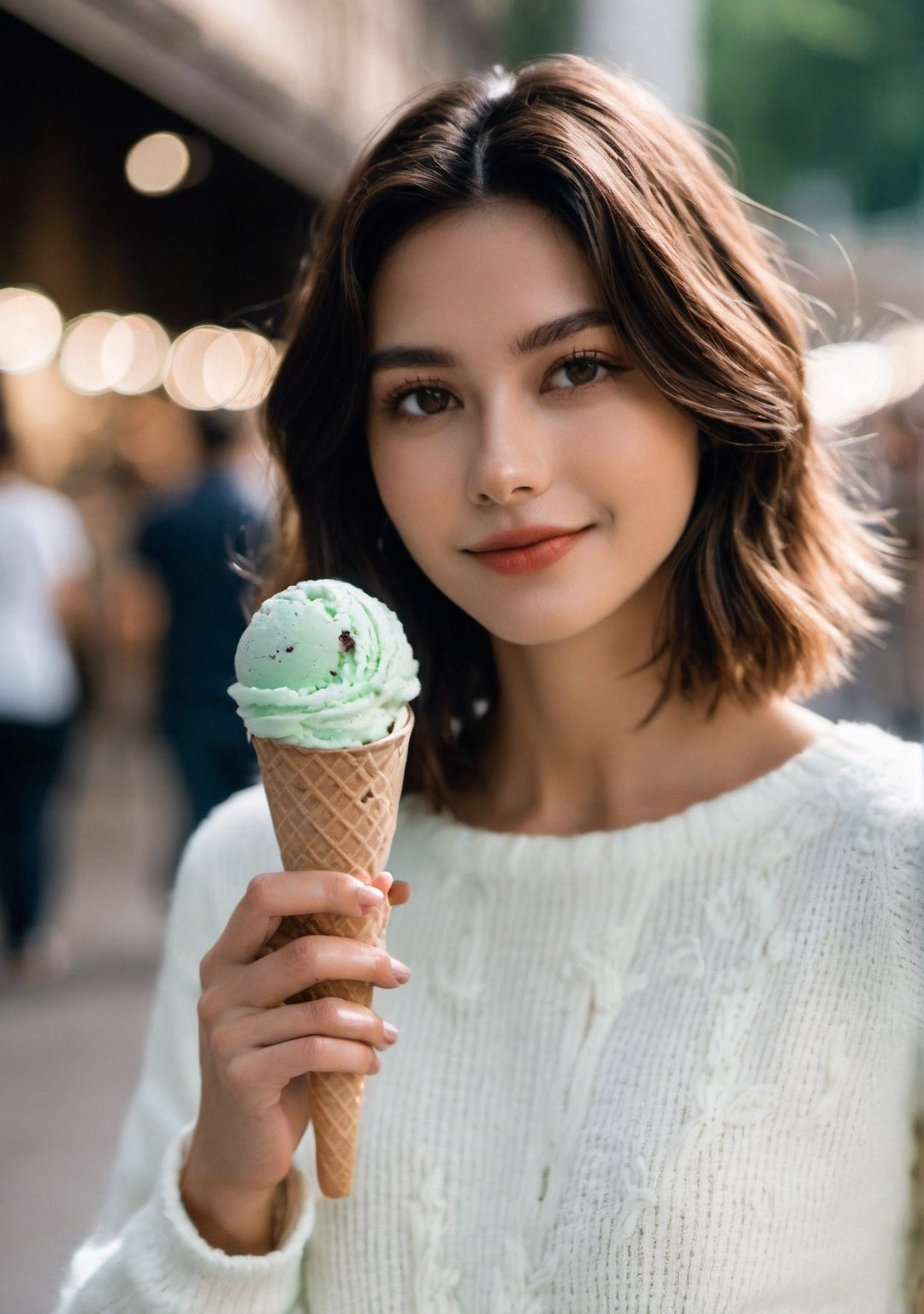 advertisement photo, a woman with short hair and ((a white sweater)), white sweater:1.3,
BREAK
, holding a (mint ice cream) in her hand and looking at the camera, a big smile, it is fucking delicious