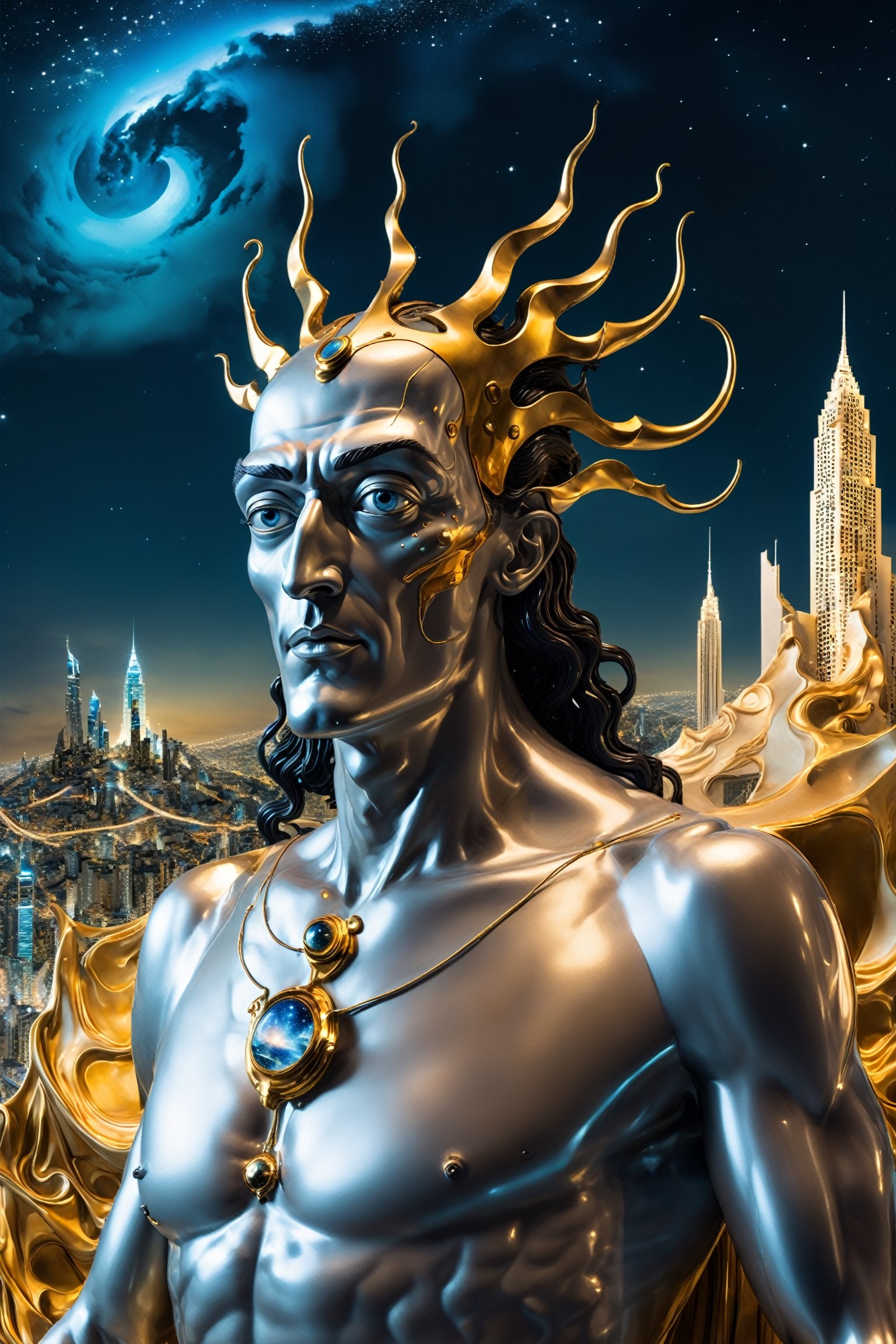 Create an image of a god of plastic exploring a futuristic cityscape. The background should be a starry night sky. The image should have transparent and reflective surfaces, with a surreal style inspired by Salvador Dali. The image should be in a portrait (3:4) aspect ratio and have a UHD resolution. The lighting should be dramatic, and the perspective should be a street view.