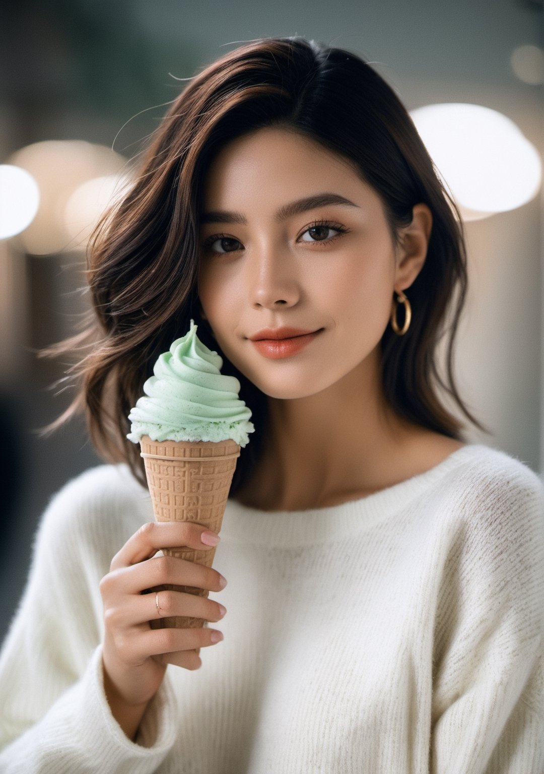advertisement photo, a woman with short hair and ((a white sweater)), white sweater:1.3,
BREAK
, holding a (mint ice cream) in her hand and looking at the camera, a big smile, it is fucking delicious