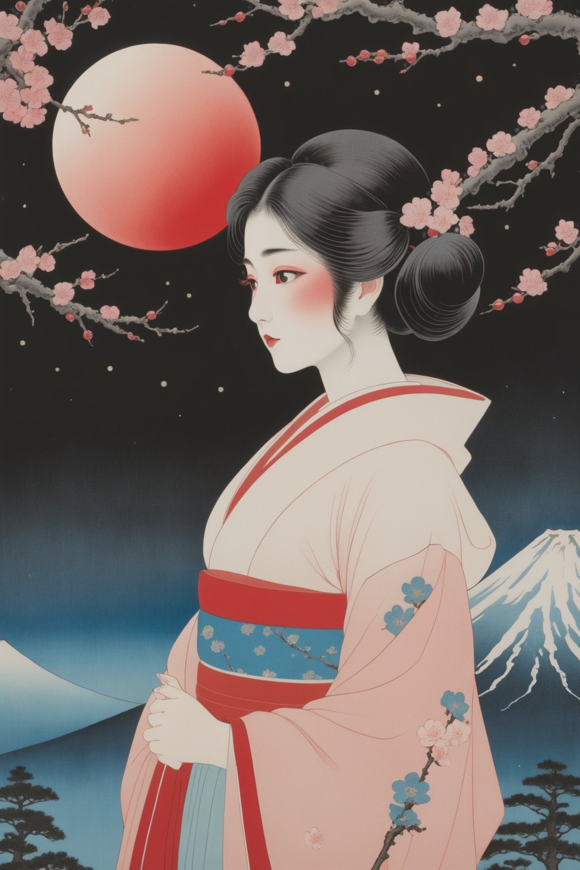 detailed, ((Ohara Koson style, traditional Japanese painting, washed and old painting)), end of whole universe, single Mount Fuji, clear sky, (single red moon), (1girl, correct kimono), night, black background, cherry blossom, (perfect composition, perfect hand:1.2)