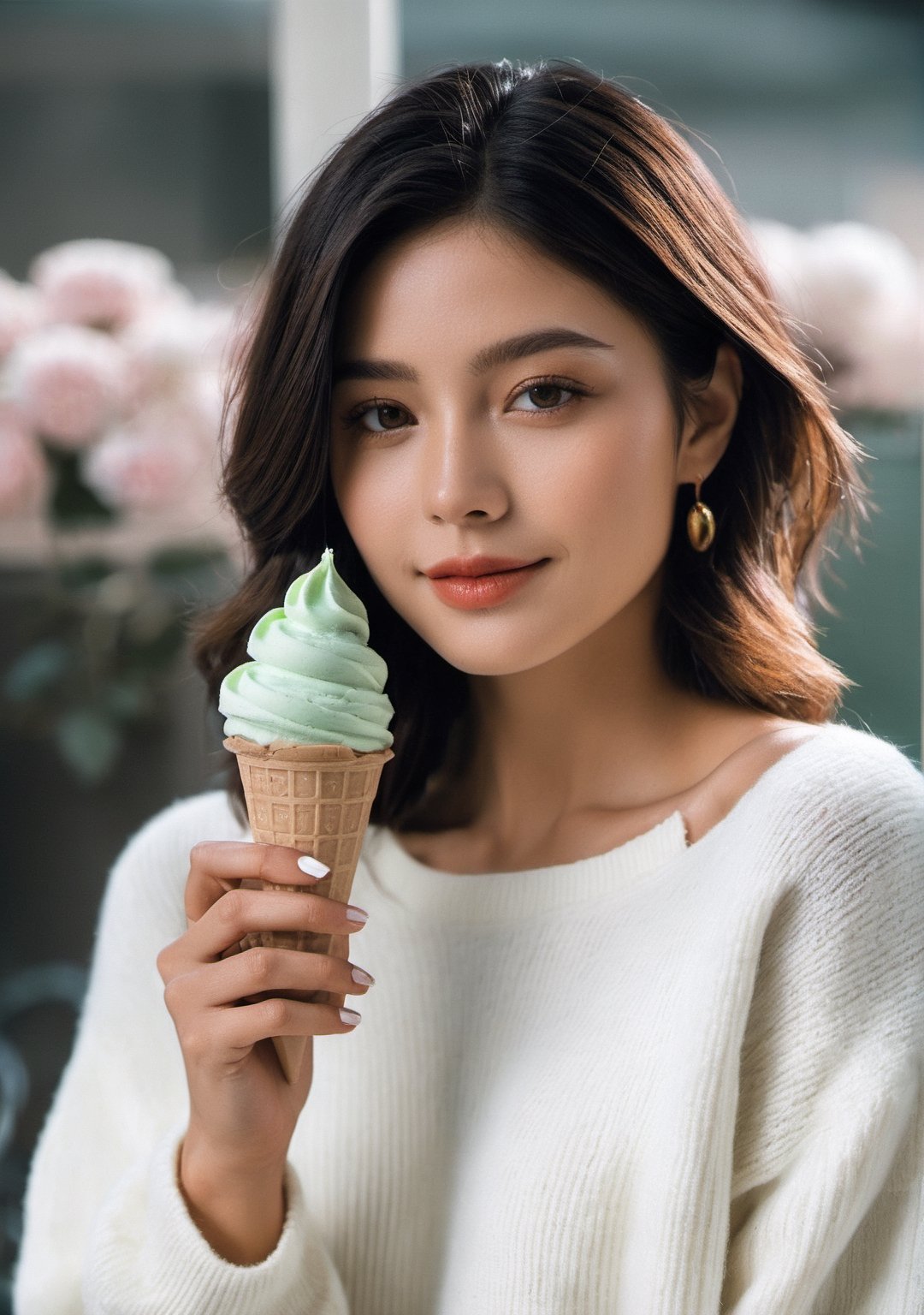 advertisement photo, a woman with short hair and ((a white sweater)), white sweater:1.3,
BREAK
, holding a (mint ice cream) in her hand and looking at the camera, a big smile, it is fucking delicious