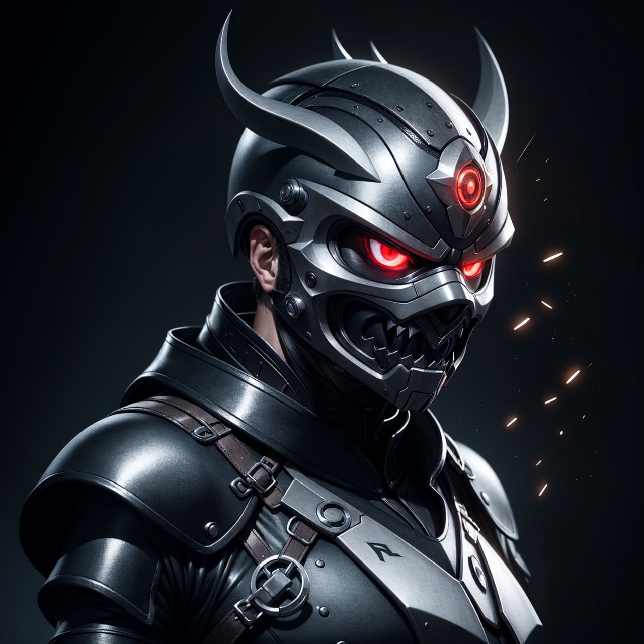 profile, portrait, black armor, neon lights, sparks, villan, angry, glowing eyes, red eyes, assassin face mask, detailed mask, oni mask, particles, dark energy, 
(Masterpiece, highly detailed, extremely detailed, HD)), (extremely detailed CG unity 8k wallpaper, masterpiece, best quality, ultra-detailed, best shadow), (detailed background),Movie