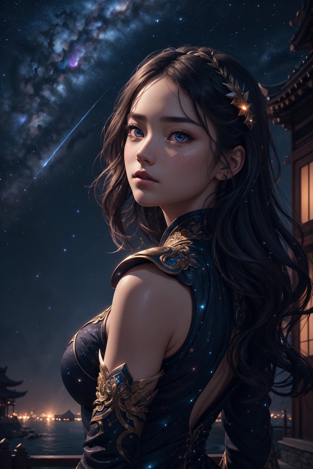 best quality ,masterpiece, illustration, an extremely delicate and beautiful, extremely detailed ,CG ,unity ,8k wallpaper, Amazing, finely detail, masterpiece, best quality, official art, extremely detailed CG unity 8k wallpaper, huge filesize , ultra-detailed, highres, extremely detailed, beautiful detailed girl, extremely detailed eyes and face, beautiful detailed eyes, light on face, 1girl, (18yo:1.2), glaring, serious, from behind, (galaxy:1.2), star \(sky\), (night sky:1.4), outdoors, (upper body:1.2), detailed sky, night, arms at sides, bule eyes, china dress, east asian architecture,  see-through,