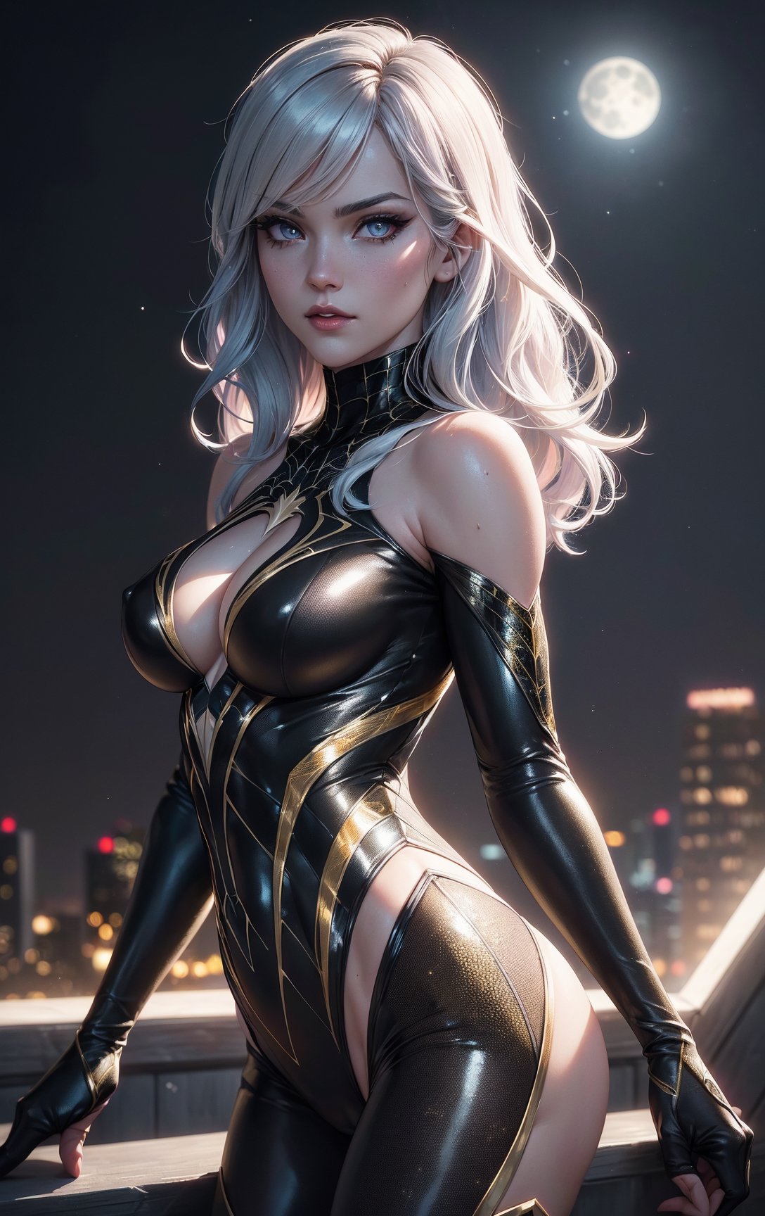 (Spidergwen in a black and gold spidersuit), (((black and gold spidersuit))) masterpiece, (best quality:1.2), (ultra-detailed:1.2), illustration, ( extremely delicate and beautiful:1.2),cinematic angle, (beautiful detailed eyes:1.1), (detailed light:1.1),cinematic lighting, beautifully detailed sky, light blue hair, (pink eyes), glowing eyes, (moon:1.2), (moonlight:1.1), starry sky, (lighting particle:1.1), bloom, perfect face and makeup, realistic face, big boobs,(photorealistic), ((best quality)), ((masterpiece)), ((realistic)), ((high detailed)), ((high detailed skin)), Dark soft shadows,  Warm Softlight:1.5, (Shiny), half body,