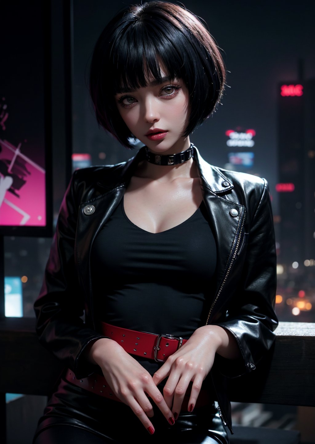 masterpiece, best quality, (detailed background), (beautiful detailed face, beautiful detailed eyes), absurdres, highres, ultra detailed, masterpiece, best quality, detailed eyes, upper body, 1_girl, cyberpunk scene, Tae Takemi, Persona 5 game, blue dark hair, pink lips, punkrock clothes, neck bone, messy bob cut, blunt bangs, brown eyes, red nails polish, short blue dress, black ripped leggings, short black jacket, red grommet belt, choker, midnight, city background, sexy pose, erotic pose, alluring pose, mouth open, kinky, close-fitting clothing, undressing, arms_crossed, arms_folded, crossed_legs_(sitting)