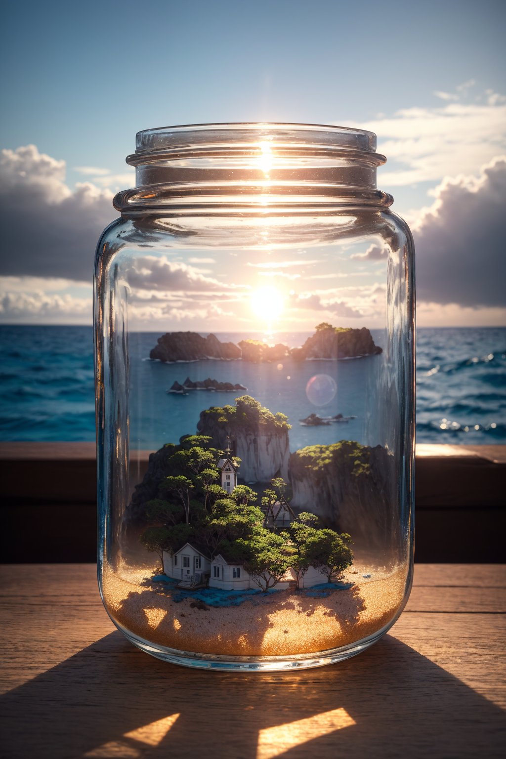 masterpiece, best quality, ultra detailed, hyperresolution, ultra-resolution
Island inside glass jar, glass jar, island middle of ocean, miniature island, mini island, ocean inside jar, ocean, cinematic, jar on table, brown table, bokeh, dark room, sun light, dungeon, background blur,mini\(ttp\)