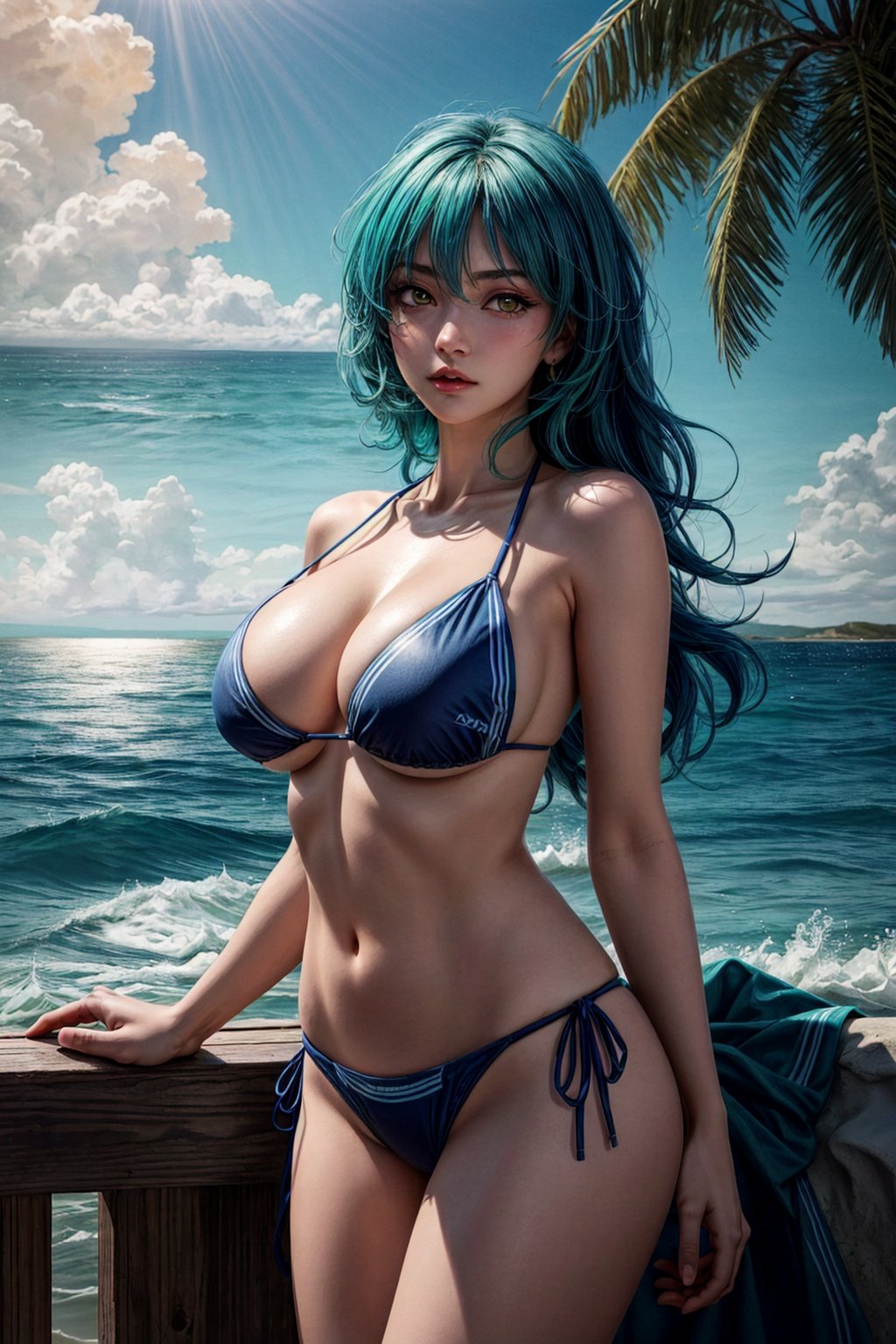 masterpiece, best quality, 1girl, looking at viewer, cute, bikini, ((seascape:1.4)), green and blue hair, sunlight, huge breasts, yellow eyes,, xenovia quarta, wavy hair, blue hair, beautiful detailed eyes, beautiful detailed glow, lots of glow, embarrassed, (cowboy shot:1.4),  , underboob, thigt clothes