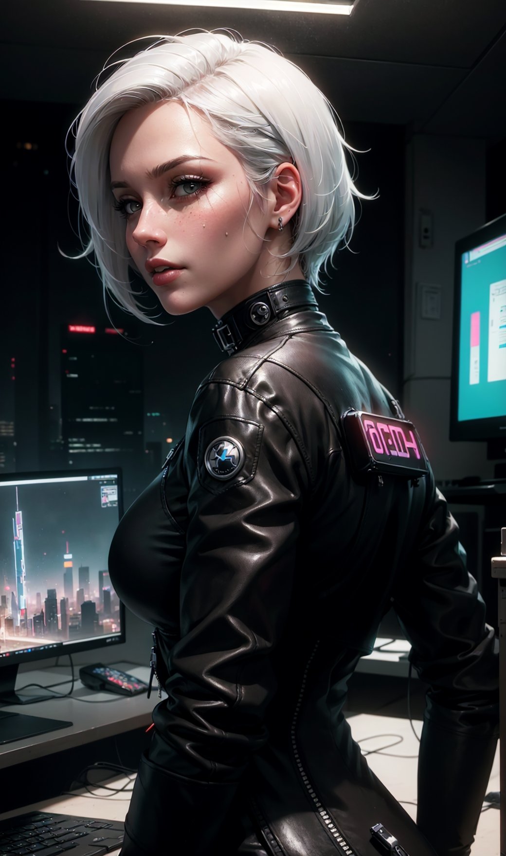 best quality, masterpiece, realistic, photorealism, photo, hdr, detailed, intricate, beautiful scenery, wonderful backround, (perfect face:1.3), cyberpunk, computer room, 1woman, white hair, bodysuit, leather jacket, upper body