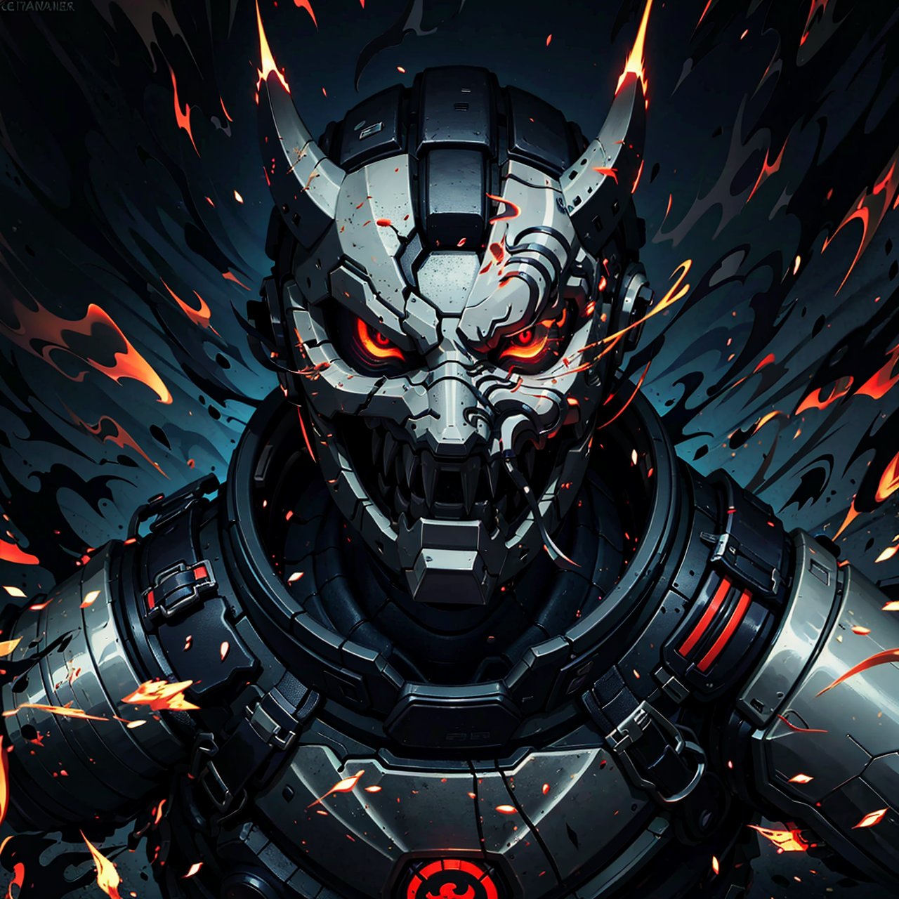 closeup short, portrait, black armor, neon lights, sparks, villan, angry, glowing eyes, red eyes, assassin face mask, detailed mask, oni mask, particles, dark energy, 
(Masterpiece, highly detailed, extremely detailed, HD)), (extremely detailed CG unity 8k wallpaper, masterpiece, best quality, ultra-detailed, best shadow), (detailed background),Movie,Science Fiction