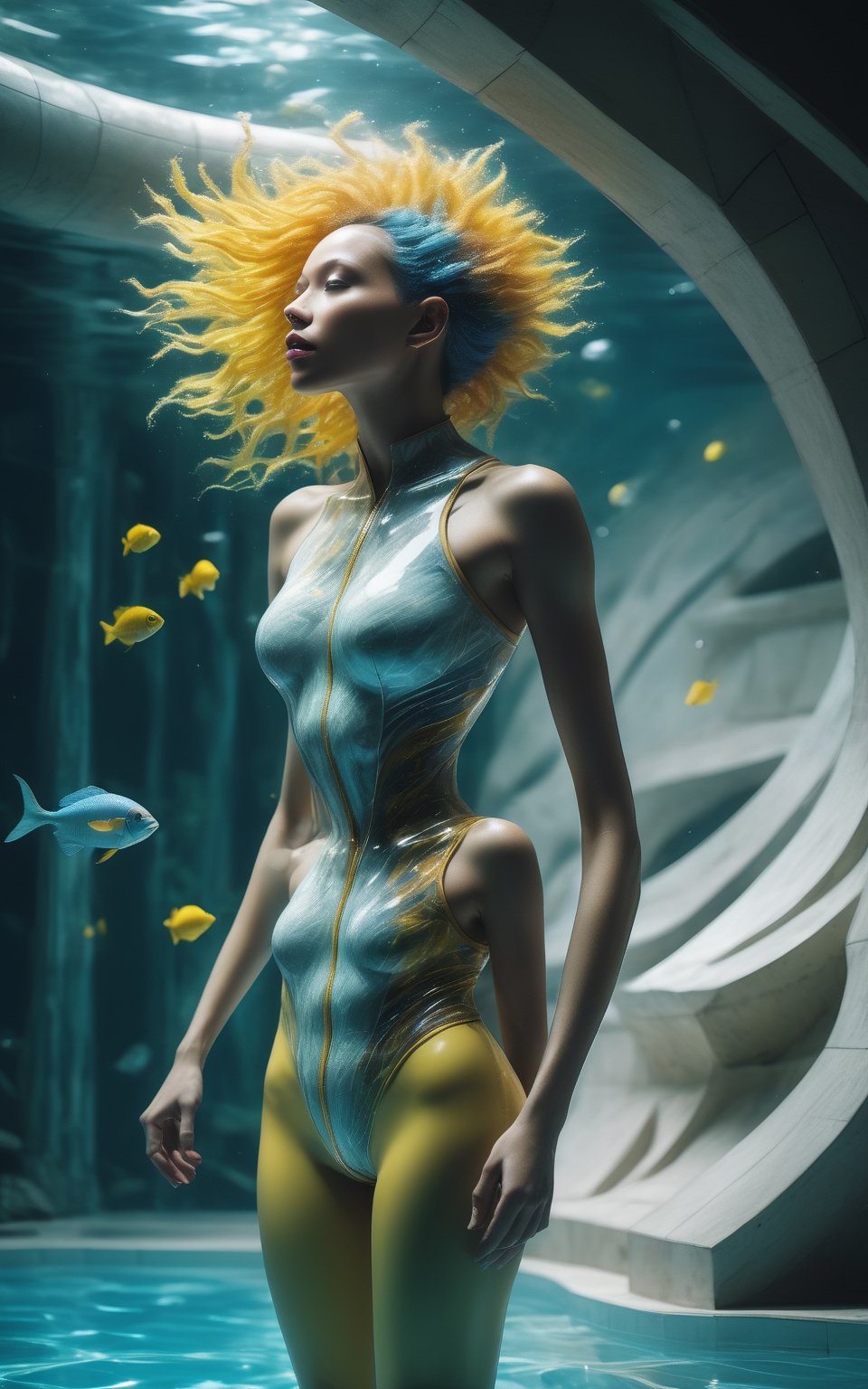 ((best quality)), ((masterpiece)), (detailed),(high-resolution:1.2), white luxe cave site house . young woman wearing a bright wet transparent skintight hi-tech outfit, 1girl, messy long haircut, blue and yellow multicolored hair, (perfect female body, skindentation), posing inside the pool, dynamic pose, professional lighting, sci-fi, (futuristic:1.4), pool time.