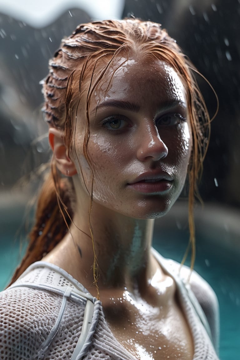 (full shot:1.2), (detailed face: 1.2), Best quality, masterpiece, smiley, ultra-high resolution, (photorealistic: 1.2), (best quality)), ((masterpiece)), 1woman, (high detail skin:1.2), (long colored messy wet hair,  wet white knitted transparent high tech cut skintight hi-tech), posing inside a pool, looking out a large white cave, abandoned cyberpunk, foggy, raining, photorealistic, full image, full body, daylight, hyper-realistic, uncompressed UHD 8K format, cinematic lights, cinematic colors, bokeh, Realism.