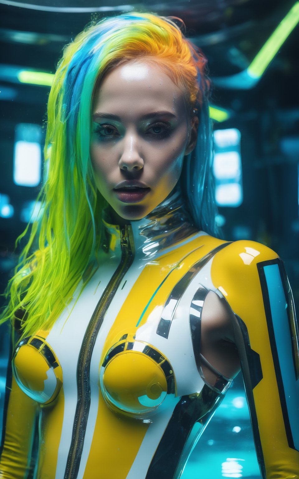 ((best quality)), ((masterpiece)), (detailed),(high-resolution:1.2), white luxe cave site house . young woman wearing a bright wet transparent skintight hi-tech outfit, 1girl, messy long haircut, blue and yellow multicolored hair, (perfect female body, skindentation), posing inside the pool, dynamic pose, professional lighting, sci-fi, (futuristic:1.4), pool time.