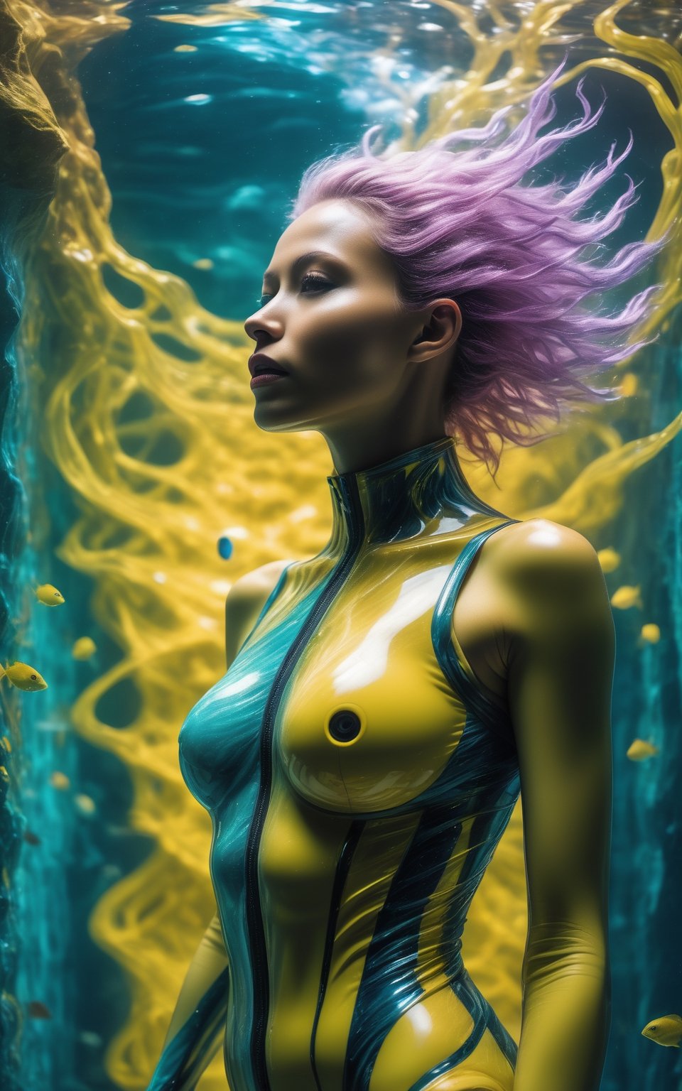 ((best quality)), ((masterpiece)), (detailed),(high-resolution:1.2), white luxe cave site house . young woman wearing a bright wet transparent skintight hi-tech outfit, 1girl, messy long haircut, blue and yellow multicolored hair, (perfect female body, skindentation), posing inside the pool, dynamic pose, professional lighting, sci-fi, (futuristic:1.4), pool time.