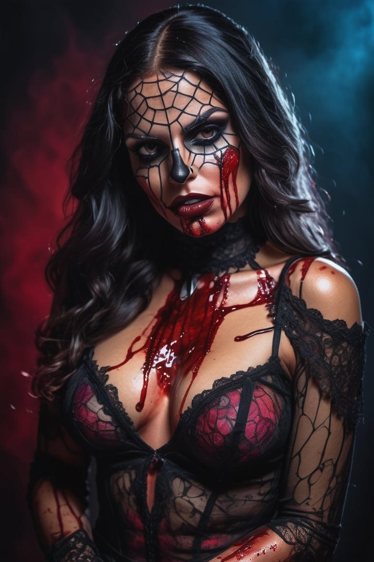 extreme face details. Photographic FULL BODY SHOT of LATINA MEXICAN vampire violent stake in hand bloody woman, HUGE TITS, wearing lace transparent skintight, colorful blood dripping shade around, 