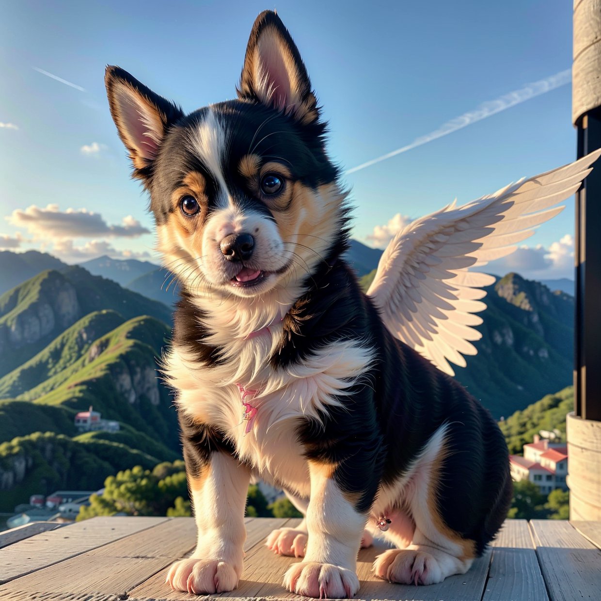 A cute puppy flying through the sky, adorable puppy, fluffy puppy, puppy with wings, whimsical puppy, fantasy puppy, magical puppy, puppy in the clouds, dynamic puppy, playful puppy, cute puppy expression, puppy soaring, puppy flying gracefully, fantasy landscape, vibrant colors, ethereal lighting, cinematic composition, digital art, 8k, high resolution, photorealistic, beautiful detailed eyes, beautiful detailed nose, beautiful detailed mouth, extremely detailed fur, adorable puppy expression