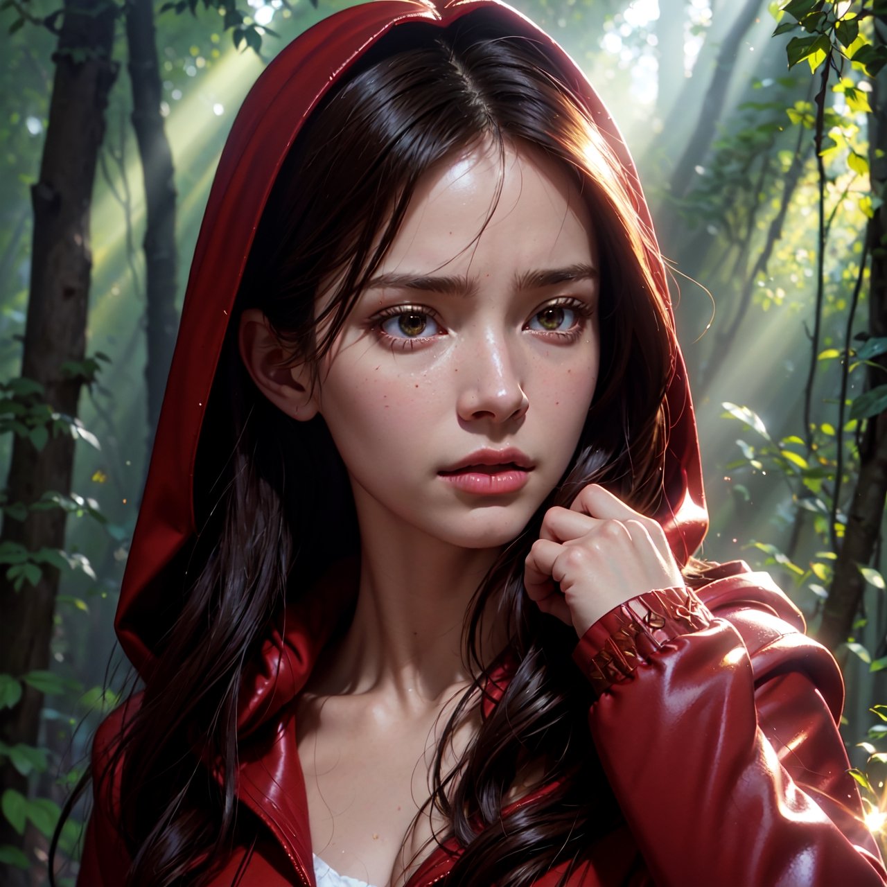 close-up portrait of NewLaraCroft in a forest, (backlight), realistic, masterpiece, highest quality, ((red hooded cloak)), ((scared )), lens flare, shadow, bloom, (( flashes of light)), [chromatic aberration], by Jeremy Lipking, by Antonio J. Manzanedo, by (Alphonse Mucha), digital painting