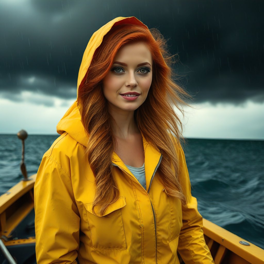 (masterpiece:1.2), best quality, photo of beautiful female fisherman, gingerhair, 40yo, wearing yellow raincoat, (on fishing boat:1.3), dark clouds, Photorealistic, Hyperrealistic, Hyperdetailed, analog style, hip cocked, demure, low cut, detailed skin, matte skin, soft lighting, subsurface scattering, realistic, heavy shadow, masterpiece, best quality, ultra realistic, 8k, golden ratio, Intricate, High Detail, film photography, soft focu