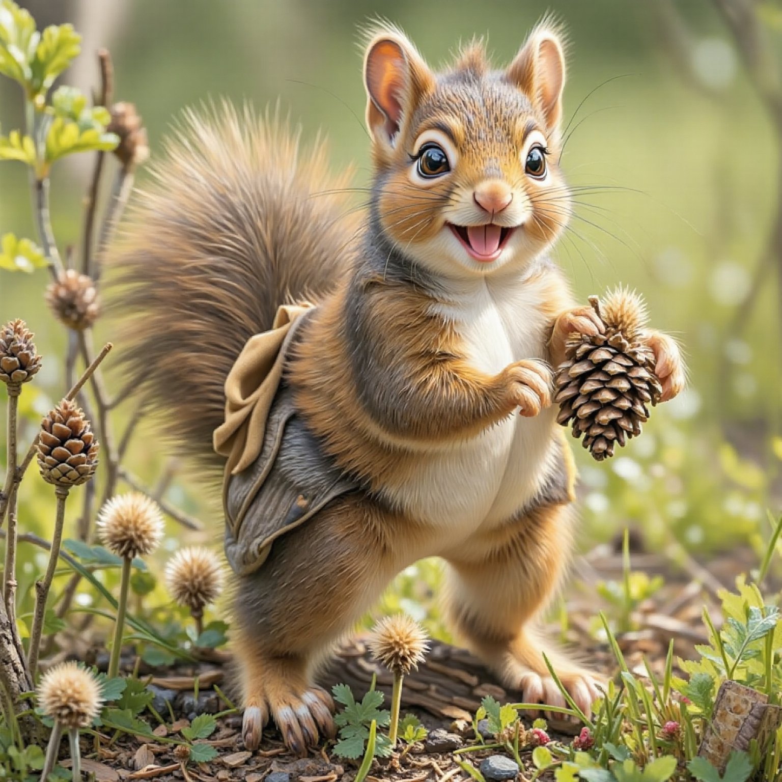  A little squirrel carried home with a pinecone with a cheerful expression