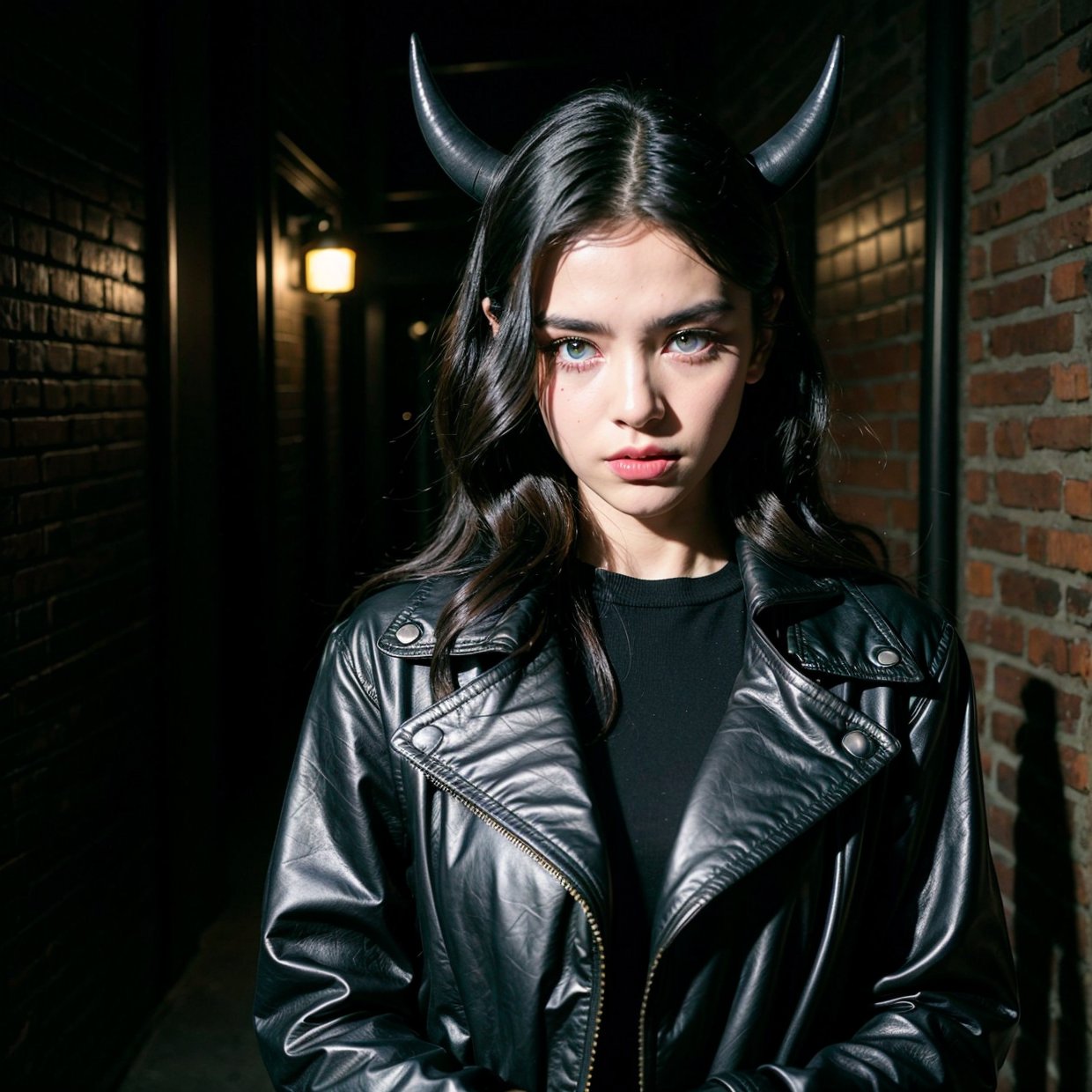 a mean girl, demon horns, black eyes, sharp fangs, sinister expression, dark makeup, black leather jacket, ripped jeans, standing in a dark alley, (best quality,4k,8k,highres,masterpiece:1.2),ultra-detailed,(realistic,photorealistic,photo-realistic:1.37),unreal engine, dramatic lighting, cinematic, dark moody atmosphere, deep shadows, glowing eyes