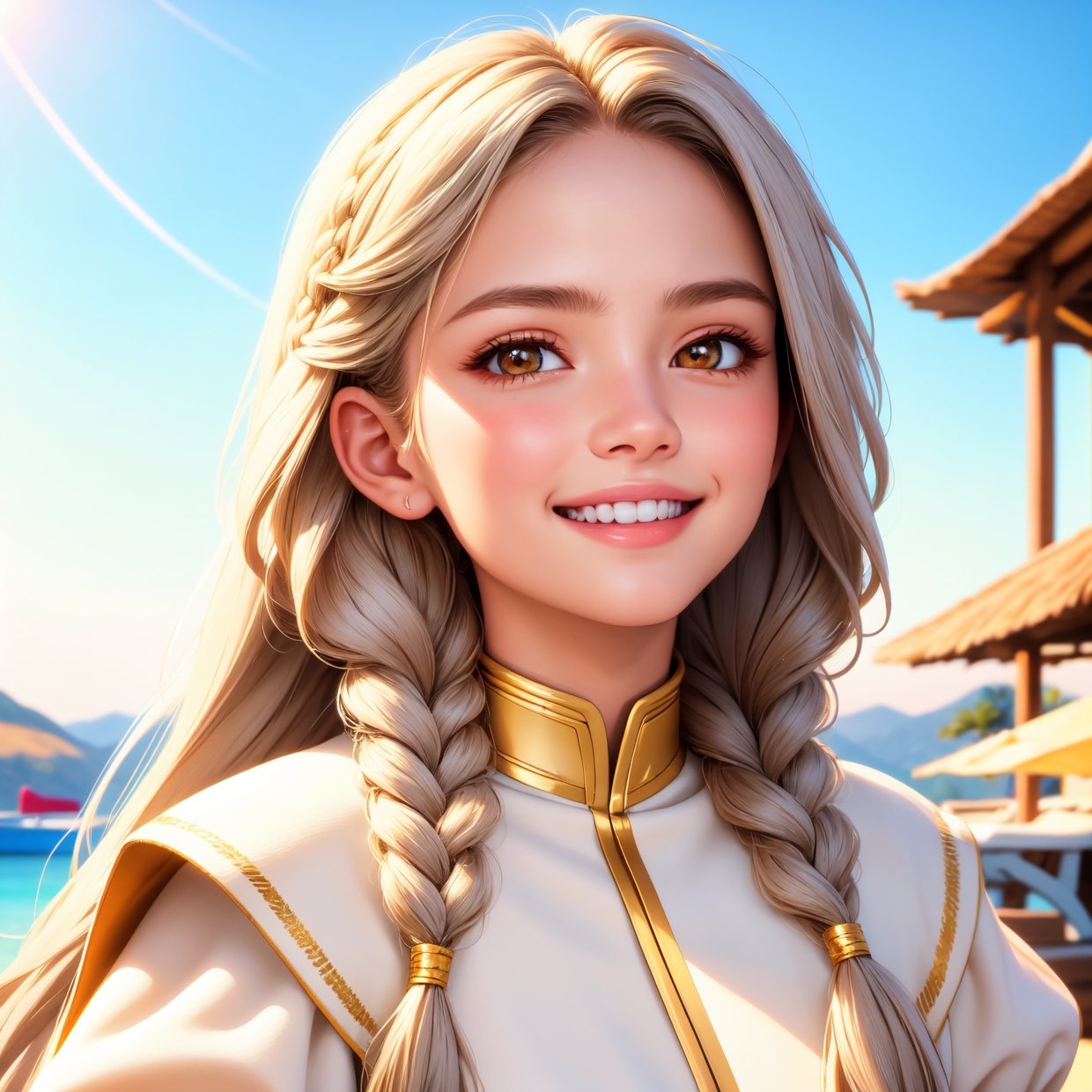 Top quality, high image quality, masterpiece, gray hair, golden eyes, white clothes, looking up, upper body, hair strands, fair skin, side braids, smiling, double teeth
