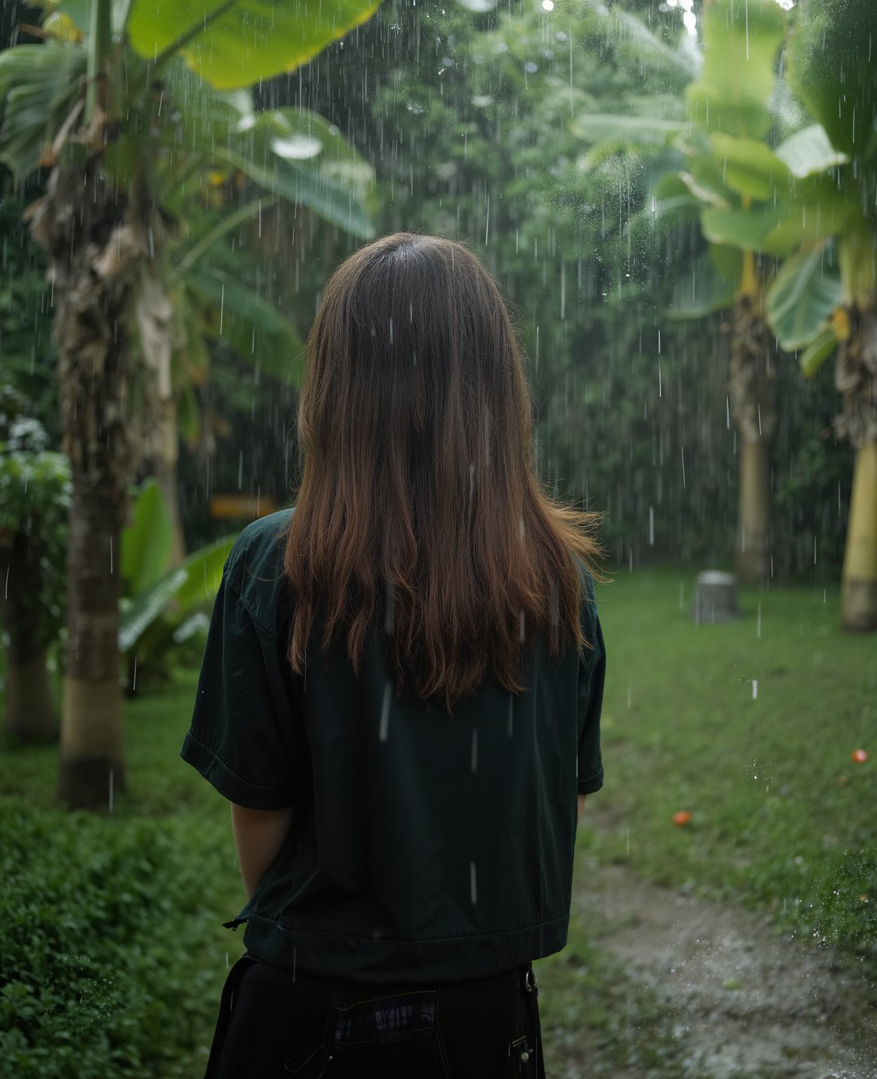 1girl in garden ,rain, skirt, shirt black