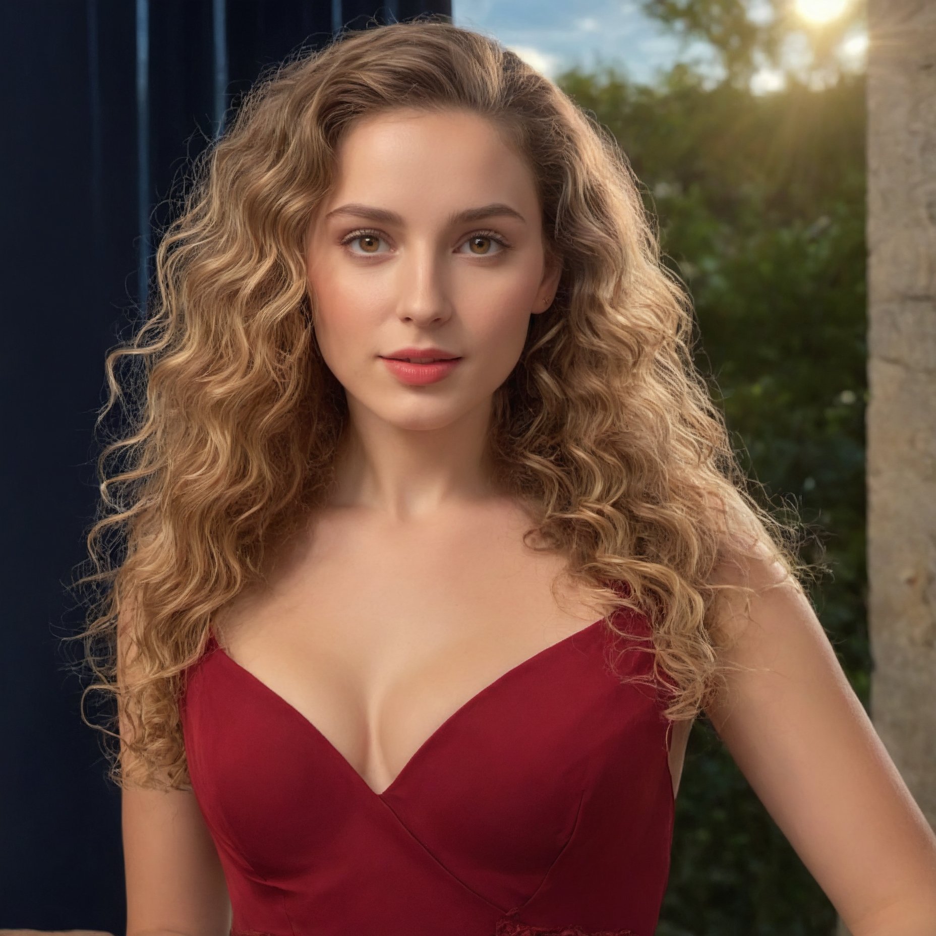 (best quality,4k,8k,highres,masterpiece:1.2),ultra-detailed,(realistic,photorealistic,photo-realistic:1.37),portrait,white-skinned woman:1.2,long curly hair:1.2,elegant red dress,snub-nosed,bright brown eyes,VSCO filter: C8,highly detailed digital painting,chiaroscuro lighting,cinematic composition,warm color palette,oil painting style,sophisticated,elegant,classy