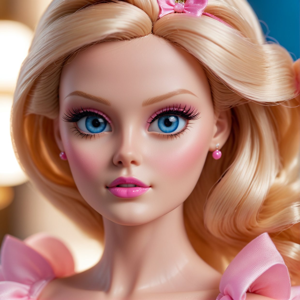 a beautiful barbie doll, extremely detailed face and features, beautiful blue eyes, cute pink lips, long eyelashes, blonde hair, porcelain skin, wearing a pink tutu dress, (best quality,4k,8k,highres,masterpiece:1.2),ultra-detailed,(realistic,photorealistic,photo-realistic:1.37),intricate details,bright lighting,pastel color palette,soft focus,cinematic composition

