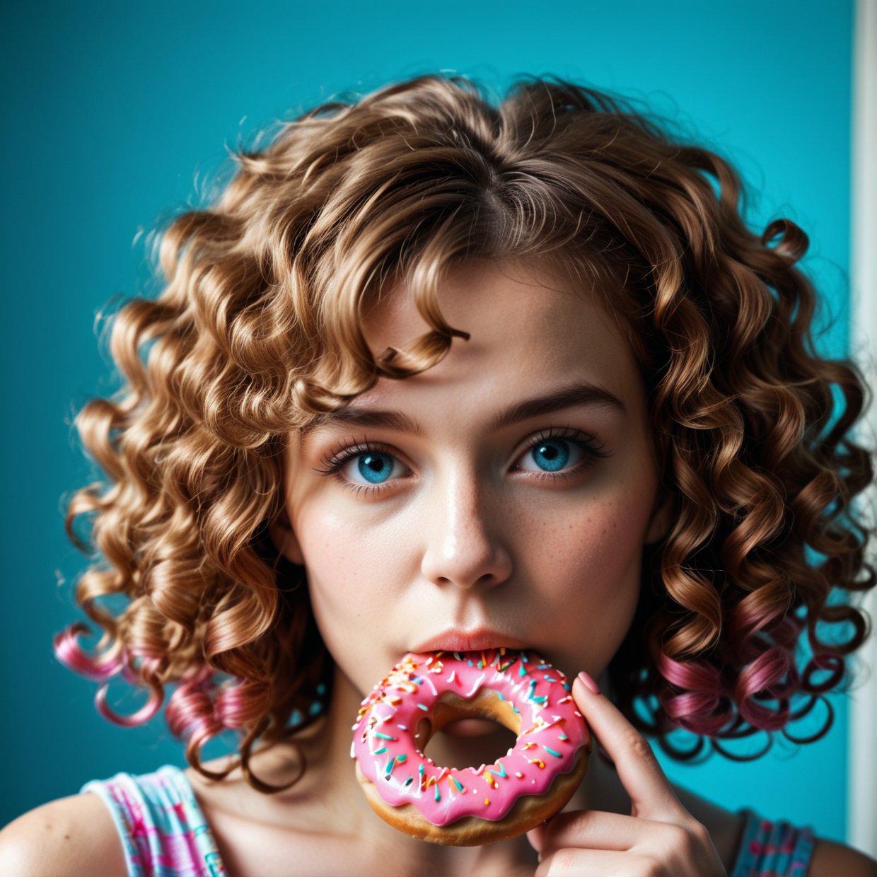 a girl eating a donut, detailed facial features, beautiful curly hair, delicate skin, sweet expression, pink donut, colorful sprinkles, fluffy pastry, shiny glaze, warm lighting, cinematic composition, vibrant colors, highly detailed, photorealistic, 8k, masterpiece