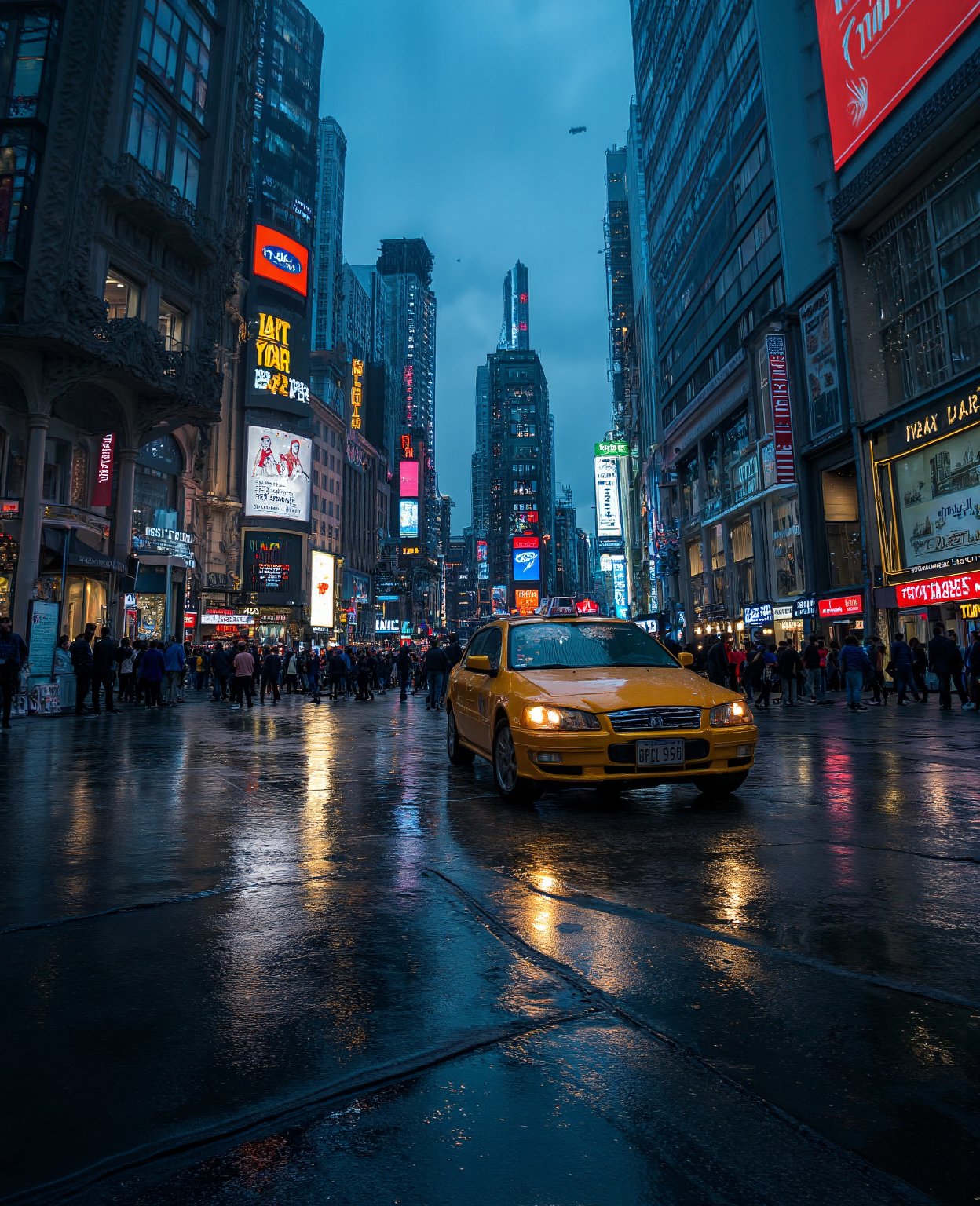 A cityscape at dusk: a sprawling metropolis with towering skyscrapers and bustling streets. Neon lights reflect off wet pavement, casting a gaudy glow. A yellow taxi cab speeds by, its headlights shining like tiny suns. In the distance, the iconic city skyline rises, a majestic silhouette against the deep blue evening sky.